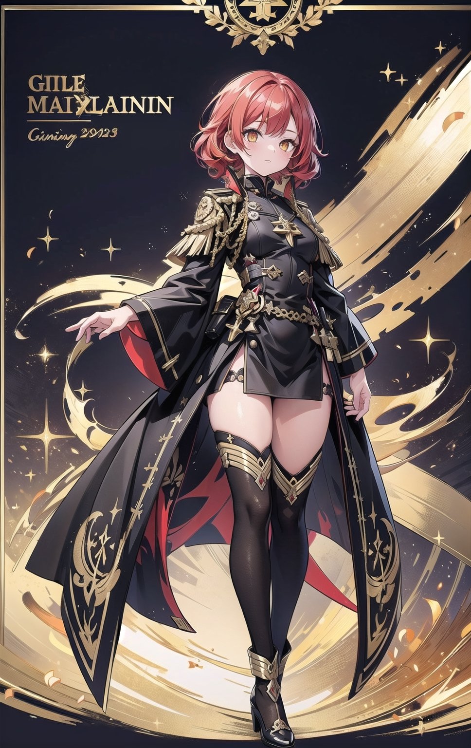 1 military captain girl, bright golden eyes, short curly red hair, detailed black military dress with golden filigree design, 2 small dagas swords, full body, Front View, Concept Art, Game Character Design, UR rarity frame effect, glitter,shiny.