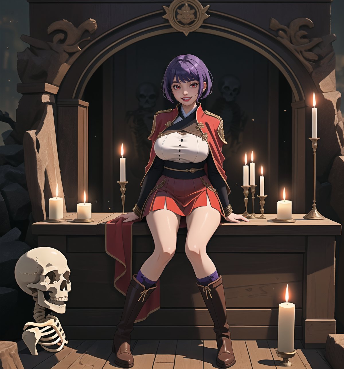 An ultra-detailed 16K masterpiece with macabre styles fused with fantastic elements, rendered in ultra-high resolution with realistic detail. Ayane, a beautiful 23-year-old woman, is dressed as a Spartan warrior in a macabre cave. She wears a brown leather suit, a red tunic, a short white skirt, brown high boots and a red cape. Her short ((blue hair)) is styled in a Mohican cut with gradient effects. She has red eyes, looking at the viewer while ((smiling, showing her teeth)) and wearing red lipstick. The image emphasises Ayane's imposing figure and the architectural elements of the cave. The rocky, wooden structures and the altar, together with the warrior, the skulls, the skeletons and the candles, create a frightening and seductive atmosphere. The melted wax candles, stone sarcophagus and bones scattered on the floor add macabre detail to the scene. Soft, sombre lighting effects create a relaxing, mysterious atmosphere, while rough, detailed textures on the structures and costume add realism to the image. | A relaxing and terrifying scene of a beautiful Spartan warrior in a macabre cave, fusing elements of macabre art and fantasy. (((The image reveals a full-body shot as Ayane assumes a sensual pose, engagingly leaning against a structure within the scene in an exciting manner. She takes on a sensual pose as she interacts, boldly leaning on a structure, leaning back and boldly throwing herself onto the structure, reclining back in an exhilarating way.))). | ((((full-body shot)))), ((perfect pose)), ((perfect limbs, perfect fingers, better hands, perfect hands, hands)), ((perfect legs, perfect feet)), ((huge breasts)), ((perfect design)), ((perfect composition)), ((very detailed scene, very detailed background, perfect layout, correct imperfections)), Enhance, Ultra details++, More Detail, poakl