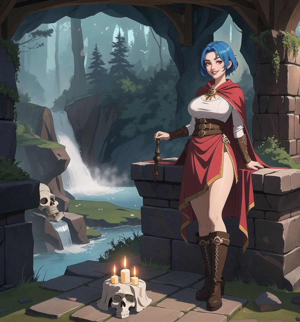 An ultra-detailed 16K masterpiece with fantasy and adventure styles, rendered in ultra-high resolution with graphic detail. Maria, a 23-year-old young woman, is wearing a Spartan warrior costume consisting of brown leather armour, a red tunic, a short white skirt, brown high boots and a red cape. Her short blue hair is styled in a Mohican cut with gradient effects. She has red eyes, looking at the viewer while smiling, showing her teeth and wearing red lipstick. She is located in a macabre cave, with rock structures, an altar, skulls and skeletons on the floor, wooden structures and a waterfall with a forest in the background. The atmosphere is mysterious and gloomy, with melted wax candles, a stone sarcophagus and bones scattered on the floor. The image emphasises the imposing figure of Mary and the architectural elements of the cave. The rock structures, together with Mary, the altar, the skulls and skeletons, the wooden structures and the waterfall with the forest in the background, create a mysterious and sombre atmosphere. Dramatic lighting effects with shades of blue and pink emphasise the contrasts between light and shadow, enhancing the intensity of the scene and creating an atmosphere of fantasy and adventure. | An exciting and captivating scene of a young Spartan warrior in a macabre cave, exploring themes of fantasy and adventure. (((The image reveals a full-body shot as Maria assumes a sensual pose, engagingly leaning against a structure within the scene in an exciting manner. She takes on a sensual pose as she interacts, boldly leaning on a structure, leaning back and boldly throwing herself onto the structure, reclining back in an exhilarating way.))). | ((((full-body shot)))), ((perfect pose)), ((perfect limbs, perfect fingers, better hands, perfect hands, hands)), ((perfect legs, perfect feet)), ((huge breasts)), ((perfect design)), ((perfect composition)), ((very detailed scene, very detailed background, perfect layout, correct imperfections)), Enhance, Ultra details++, More Detail, poakl