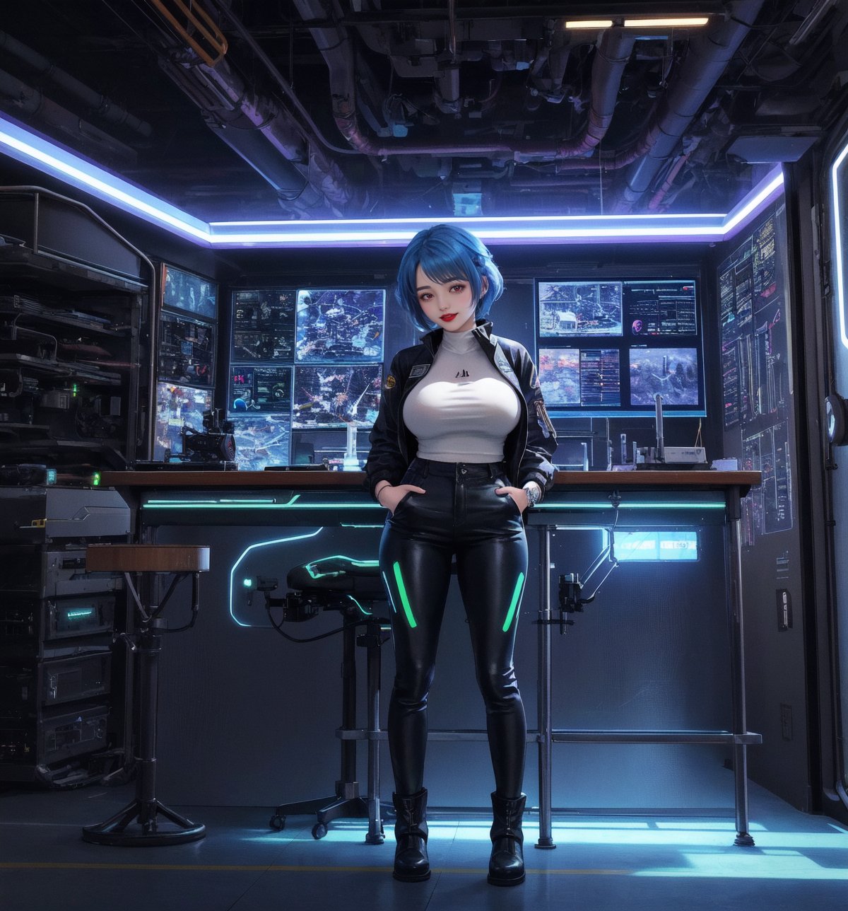 An ultra-detailed 16K masterpiece with sci-fi and adventure stylings, rendered in ultra-high resolution with realistic detail. Maia, a beautiful 23-year-old woman, is dressed as a mecha pilot in a futuristic laboratory. She wears a suit of silver metal armour, a black jacket, black trousers, black boots and black gloves. Her short blue hair is styled in a Mohican cut with gradient effects. She has red eyes, looking at the viewer while smiling, showing her teeth and wearing red lipstick. The image emphasises Maia's imposing figure and the technological elements of the futuristic laboratory. The metal structures, computers, control panels and luminous machines create a cold, sterile environment. The white lights illuminating the scene add clinical detail to the scene. | Cold, metallic lighting effects create a tense, futuristic atmosphere, while detailed textures on the structures and the costume add realism to the image. | A tense, futuristic scene of a beautiful mecha pilot in a futuristic laboratory, fusing elements of sci-fi and adventure. | (((The image reveals a full-body shot as Maia assumes a sensual pose, engagingly leaning against a structure within the scene in an exciting manner. She takes on a sensual pose as she interacts, boldly leaning on a structure, leaning back and boldly throwing herself onto the structure, reclining back in an exhilarating way.))). | ((((full-body shot)))), ((perfect pose)), ((perfect limbs, perfect fingers, better hands, perfect hands, hands)), ((perfect legs, perfect feet)), ((huge breasts)), ((perfect design)), ((perfect composition)), ((very detailed scene, very detailed background, perfect layout, correct imperfections)), Enhance, Ultra details++, More Detail, poakl