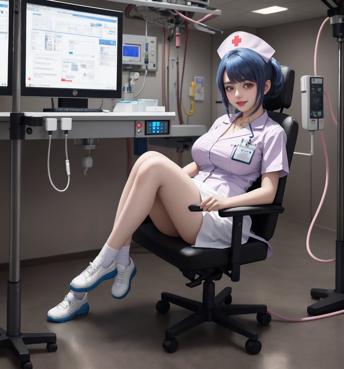 An ultra-detailed 16K masterpiece in sci-fi and adventure styles, rendered in ultra-high resolution with realistic detail. Darla, a beautiful 23-year-old woman, is dressed as a nurse in a hospital operating theatre. She wears a white uniform, a white jacket, a white skirt, white stockings and white shoes. Her short blue hair is styled in a Mohican cut, with gradient effects. She has red eyes, looking at the viewer while smiling, showing her teeth and wearing red lipstick. The image emphasises Darla's imposing figure and the technological elements of the operating theatre. The hospital machines, metal structures and control panels create a cold, sterile environment. The white lights illuminating the room add clinical detail to the scene. | Cold, metallic lighting effects create a tense, futuristic atmosphere, while detailed textures on the structures and uniform add realism to the image. | A tense, futuristic scene of a beautiful nurse in a hospital operating theatre, fusing elements of sci-fi and adventure. | (((The image reveals a full-body shot as Darla assumes a sensual pose, engagingly leaning against a structure within the scene in an exciting manner. She takes on a sensual pose as she interacts, boldly leaning on a structure, leaning back and boldly throwing herself onto the structure, reclining back in an exhilarating way.))). | ((((full-body shot)))), ((perfect pose)), ((perfect limbs, perfect fingers, better hands, perfect hands, hands)), ((perfect legs, perfect feet)), ((huge breasts)), ((perfect design)), ((perfect composition)), ((very detailed scene, very detailed background, perfect layout, correct imperfections)), Enhance, Ultra details++, More Detail, poakl
