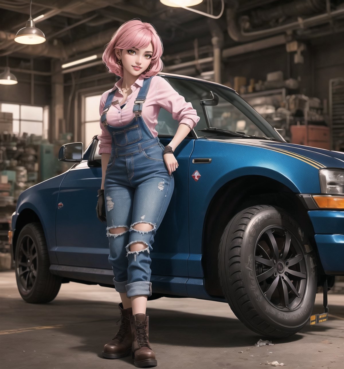An ultra-detailed 16K masterpiece with a realistic, industrial style, rendered in ultra-high resolution with lifelike detail. | Rina, a 28-year-old woman, is dressed in dark blue mechanic's overalls, with the name "Rina" embroidered on the chest. She also wears ripped jeans, black leather boots, and brown leather gloves. Her short pink hair is tousled in a modern, shaggy cut. Her golden eyes are looking straight at the viewer as she smiles and shows her teeth, wearing bright red lipstick and war paint on her face. It is located in a vehicle repair shop, with machines, tires, metal structures and vehicle engines around it. The light from fluorescent lamps illuminates the place, creating an atmosphere of hard, concentrated work. | The image highlights Rina's sensual figure and the industrial elements of the auto repair shop. Machines, tires, metal structures and vehicle engines create a hard and concentrated work environment. Fluorescent lamps illuminate the scene, creating dramatic shadows and highlighting the details of the scene. | Soft, colorful lighting effects create a realistic, industrial atmosphere, while rough, detailed textures on the metal structures and costume add realism to the image. | A sensual and realistic scene of a woman in an auto repair shop, fusing elements of realistic and industrial art. | (((The image reveals a full-body shot as Rina assumes a sensual pose, engagingly leaning against a structure within the scene in an exciting manner. She takes on a sensual pose as she interacts, boldly leaning on a structure, leaning back and boldly throwing herself onto the structure, reclining back in an exhilarating way.))). | ((((full-body shot)))), ((perfect pose)), ((perfect limbs, perfect fingers, better hands, perfect hands, hands))++, ((perfect legs, perfect feet))++, ((huge breasts)), ((perfect design)), ((perfect composition)), ((very detailed scene, very detailed background, perfect layout, correct imperfections)), Enhance++, Ultra details++, More Detail++