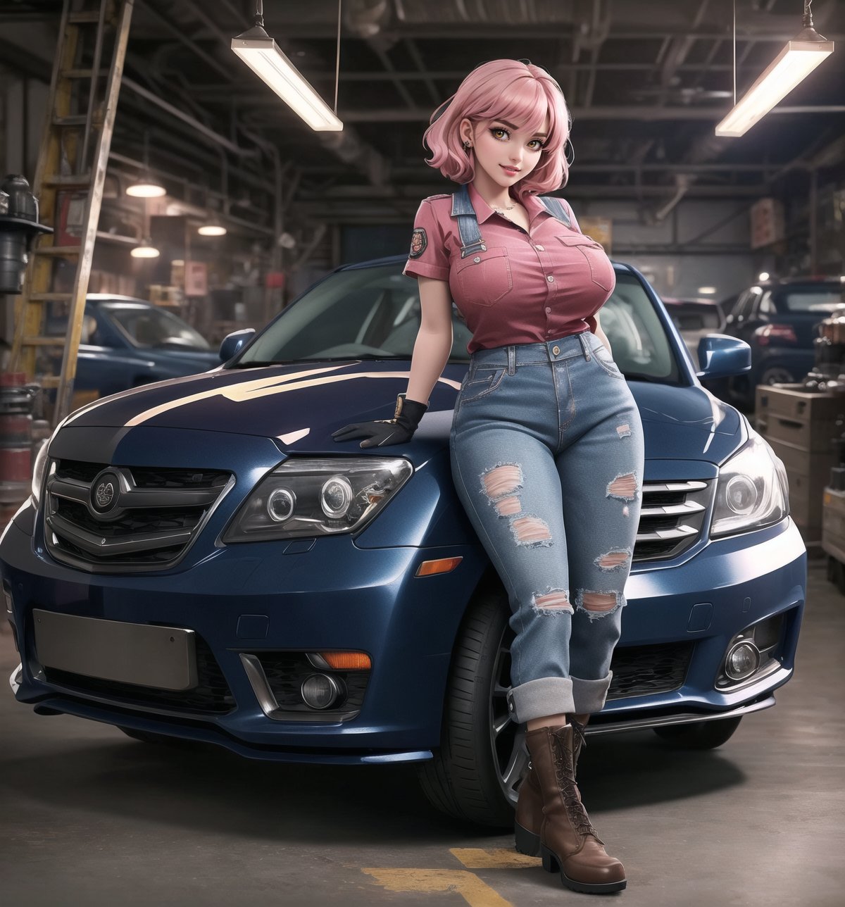An ultra-detailed 16K masterpiece with a realistic, industrial style, rendered in ultra-high resolution with lifelike detail. | Rina, a 28-year-old woman, is dressed in dark blue mechanic's overalls, with the name "Rina" embroidered on the chest. She also wears ripped jeans, black leather boots, and brown leather gloves. Her short pink hair is tousled in a modern, shaggy cut. Her golden eyes are looking straight at the viewer as she smiles and shows her teeth, wearing bright red lipstick and war paint on her face. It is located in a car repair shop, with machines, tires, metal structures and car engines all around. The light from fluorescent lamps illuminates the place, creating an atmosphere of hard, concentrated work. | The image highlights Rina's sensual figure and the industrial elements of the car repair shop. Machines, tires, metal structures and car engines create a hard, focused work environment. Fluorescent lamps illuminate the scene, creating dramatic shadows and highlighting the details of the scene. | Soft, colorful lighting effects create a realistic, industrial atmosphere, while rough, detailed textures on the metal structures and costume add realism to the image. | A sensual and realistic scene of a woman in a car repair shop, fusing elements of realistic and industrial art. | (((The image reveals a full-body shot as Rina assumes a sensual pose, engagingly leaning against a structure within the scene in an exciting manner. She takes on a sensual pose as she interacts, boldly leaning on a structure, leaning back and boldly throwing herself onto the structure, reclining back in an exhilarating way.))). | ((((full-body shot)))), ((perfect pose)), ((perfect limbs, perfect fingers, better hands, perfect hands, hands))++, ((perfect legs, perfect feet))++, ((huge breasts)), ((perfect design)), ((perfect composition)), ((very detailed scene, very detailed background, perfect layout, correct imperfections)), Enhance++, Ultra details++, More Detail++
