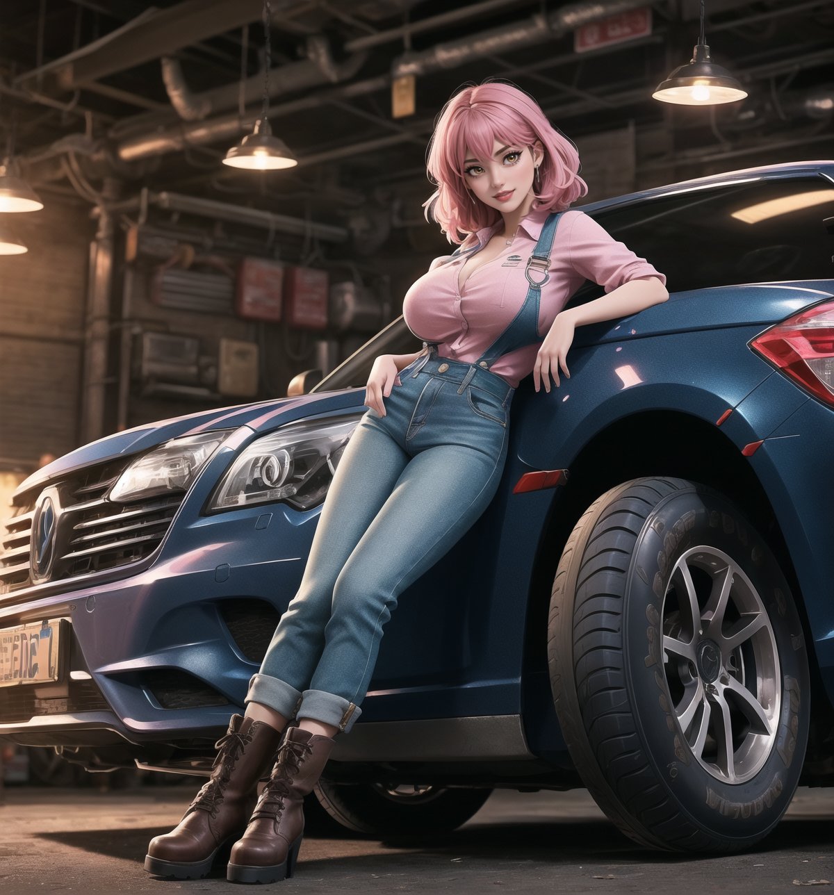 An ultra-detailed 16K masterpiece with a realistic, industrial style, rendered in ultra-high resolution with lifelike detail. | Rina, a 28-year-old woman, is dressed in dark blue mechanic's overalls, with the name "Rina" embroidered on the chest. She also wears ripped jeans, black leather boots, and brown leather gloves. Her short pink hair is tousled in a modern, shaggy cut. Her golden eyes are looking straight at the viewer as she smiles and shows her teeth, wearing bright red lipstick and war paint on her face. It is located in a vehicle repair shop, with machines, tires, metal structures and vehicle engines around it. The light from fluorescent lamps illuminates the place, creating an atmosphere of hard, concentrated work. | The image highlights Rina's sensual figure and the industrial elements of the auto repair shop. Machines, tires, metal structures and vehicle engines create a hard and concentrated work environment. Fluorescent lamps illuminate the scene, creating dramatic shadows and highlighting the details of the scene. | Soft, colorful lighting effects create a realistic, industrial atmosphere, while rough, detailed textures on the metal structures and costume add realism to the image. | A sensual and realistic scene of a woman in an auto repair shop, fusing elements of realistic and industrial art. | (((The image reveals a full-body shot as Rina assumes a sensual pose, engagingly leaning against a structure within the scene in an exciting manner. She takes on a sensual pose as she interacts, boldly leaning on a structure, leaning back and boldly throwing herself onto the structure, reclining back in an exhilarating way.))). | ((((full-body shot)))), ((perfect pose)), ((perfect limbs, perfect fingers, better hands, perfect hands, hands))++, ((perfect legs, perfect feet))++, ((huge breasts)), ((perfect design)), ((perfect composition)), ((very detailed scene, very detailed background, perfect layout, correct imperfections)), Enhance++, Ultra details++, More Detail++