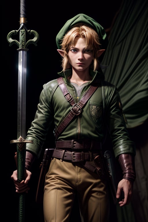 Link portrait of the legend of zelda majora's mask, 17 years old, long green jacket over pants, green hat, beige pants, brown leather belt with compartments over jacket, warrior sword scabbard, boots brown leather, (right handed warrior sword: 1.6), 4k, high details, 0.35: : full shot, frontal shot, from below, 1 guy, dark studio, low light