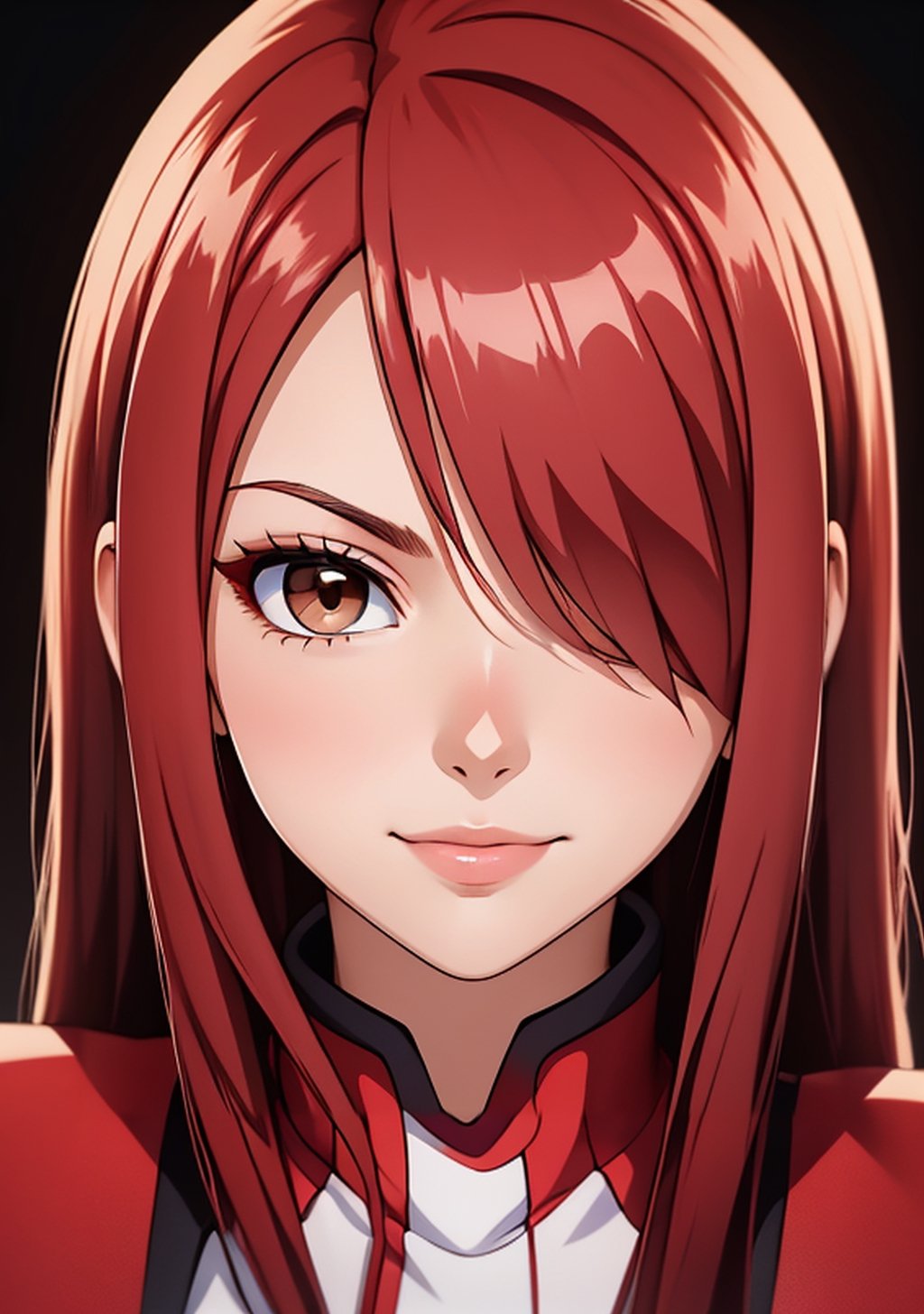 (masterpiece, best quality), intricate details, curvy_figure, beautiful girl, Erza_FT, hair over one eye, white skin, light brown eyes, sharp jawline, cropped jacket, upper body, close up, smirk,Erza_FT