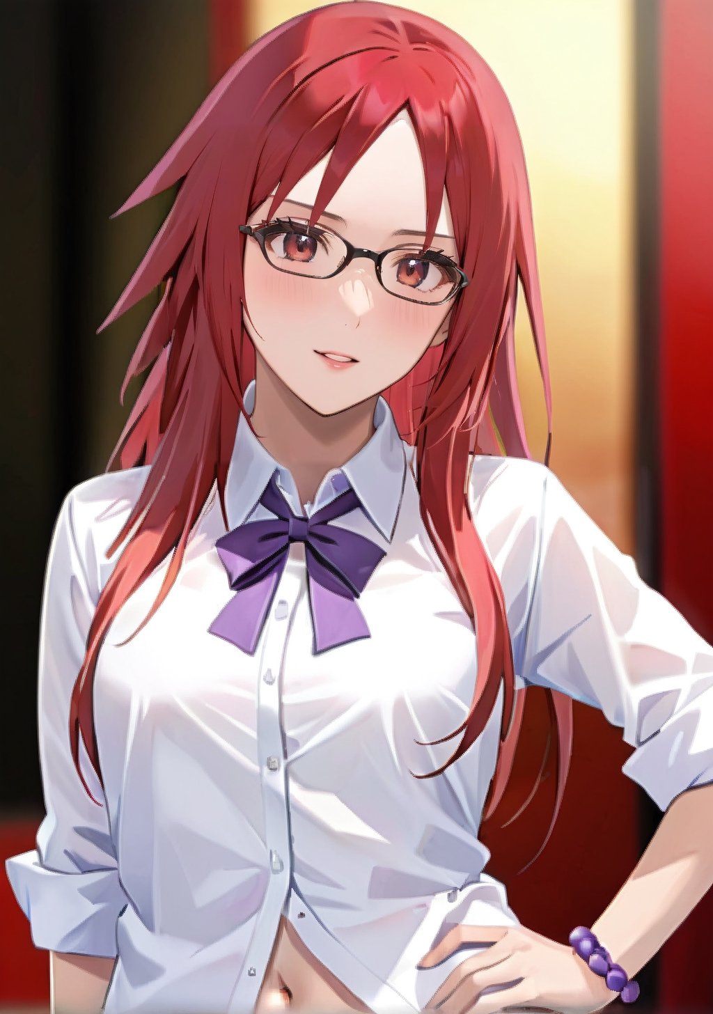 Karin_XL, 1girl, red eyes, solo, long hair, looking at viewer, shirt, ribbon, navel, jewelry, white shirt, collared shirt, blurry, bracelet, hand on hip, sleeves rolled up, black-framed eyewear, purple ribbon, viviolors, color d cmarked, perfect, sharp focus, extremely detailed