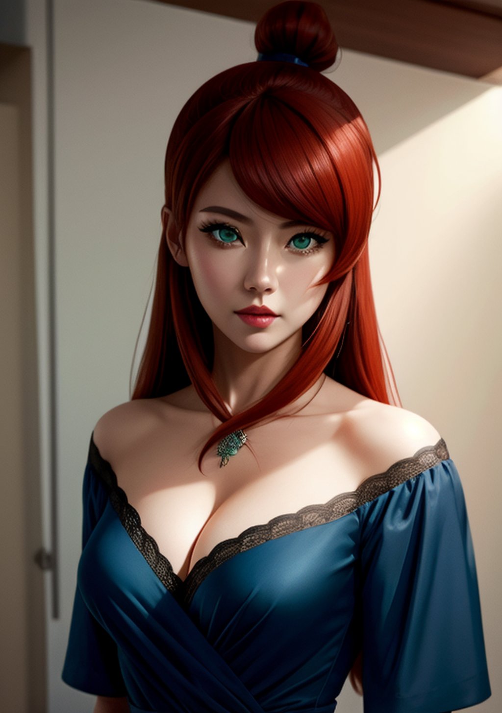 1girl, red hair, bun, green eyes, blue dress, thighhihs, cleavage, ((mei terumi)), detailed face and eyes, intrincate details, masterpiece, best quality, realistic, 4K, HDR