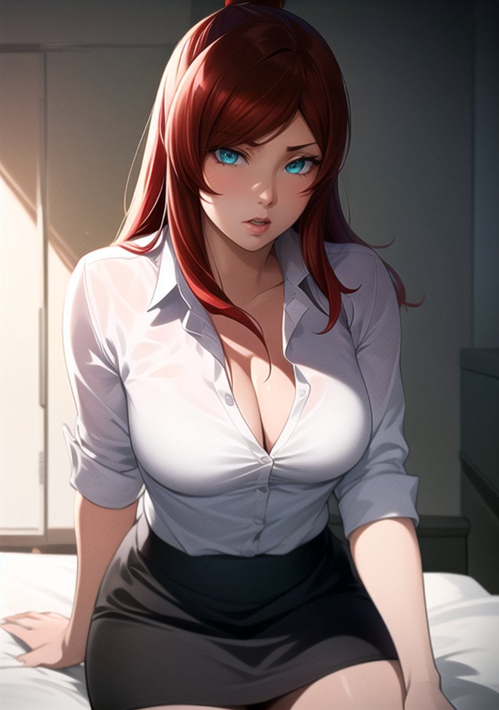 1girl, red hair, bun, ((green eyes)), white shirt, collared shirt, black skirt, thighhihs, cleavage, ((mei terumi)), ((detailed face and eyes)), perfect eyes, intrincate details, masterpiece, best quality, realistic, 4K, HDR, cinematiclighting
