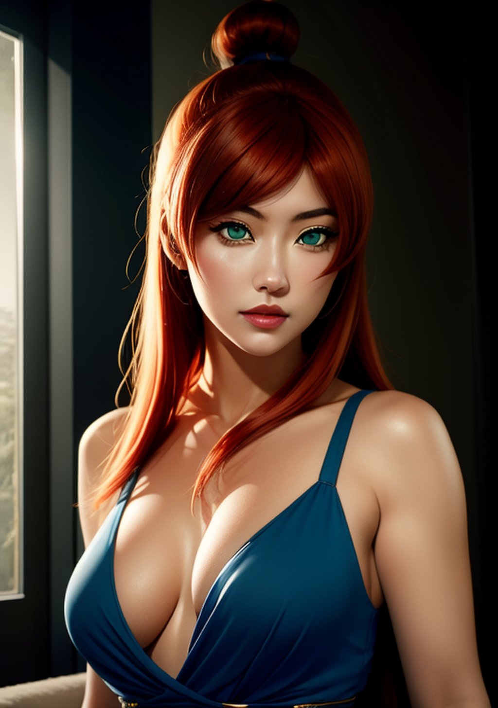 1girl, red hair, bun, green eyes, blue dress, thighhihs, cleavage, ((mei terumi)), ((detailed face and eyes)), intrincate details, masterpiece, best quality, realistic, 4K, HDR, cinematiclighting