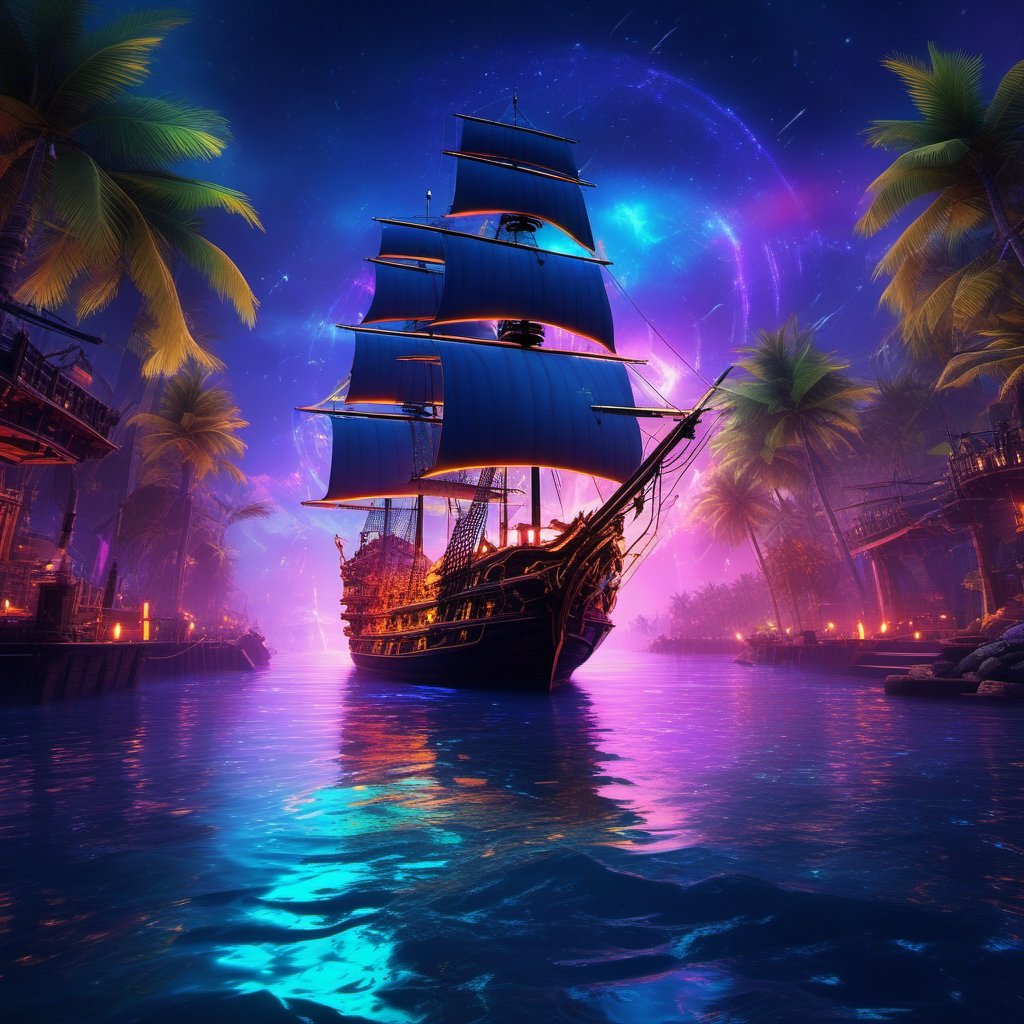 Old Pirate Ship background, very bright colors with neon borders, multicolored, thick lines, neon, night, sea background, furious line, fierce, magical, cinematic sense, neon border, HD, detailed light, cinematic, high detail , 4k, cyberpunk, 3D rendering, 32k, hyper detailed, magical and epic, epic light, the most perfect and beautiful image ever created, image taken with Sony A7SIII camera, many details, 8k speed effect, Phi Phenomenon (Marcos Wertheimer) , cyborg style