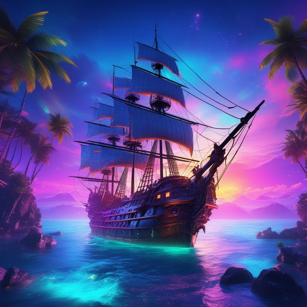 Old Pirate Ship background, very bright colors with neon borders, multicolored, thick lines, neon, night, sea background, furious line, fierce, magical, cinematic sense, neon border, HD, detailed light, cinematic, high detail , 4k, cyberpunk, 3D rendering, 32k, hyper detailed, magical and epic, epic light, the most perfect and beautiful image ever created, image taken with Sony A7SIII camera, many details, 8k speed effect, Phi Phenomenon (Marcos Wertheimer) , cyborg style