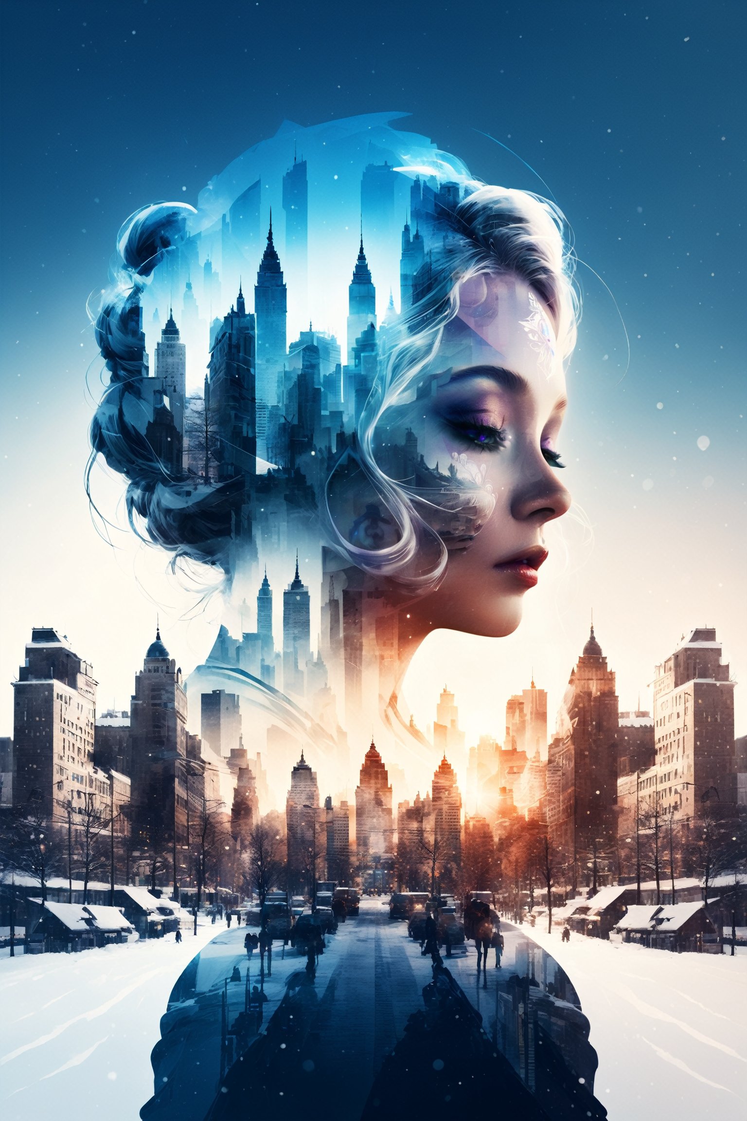 (Double exposure, beautifully designed goddess silhouette and winter city, minimalist, crisp lines, amazing full color, Enhanced All, Detailed Textures, high quality, high resolution, high Accuracy, realism, color correction, Proper lighting settings, harmonious composition, Behance works,4esthet1c