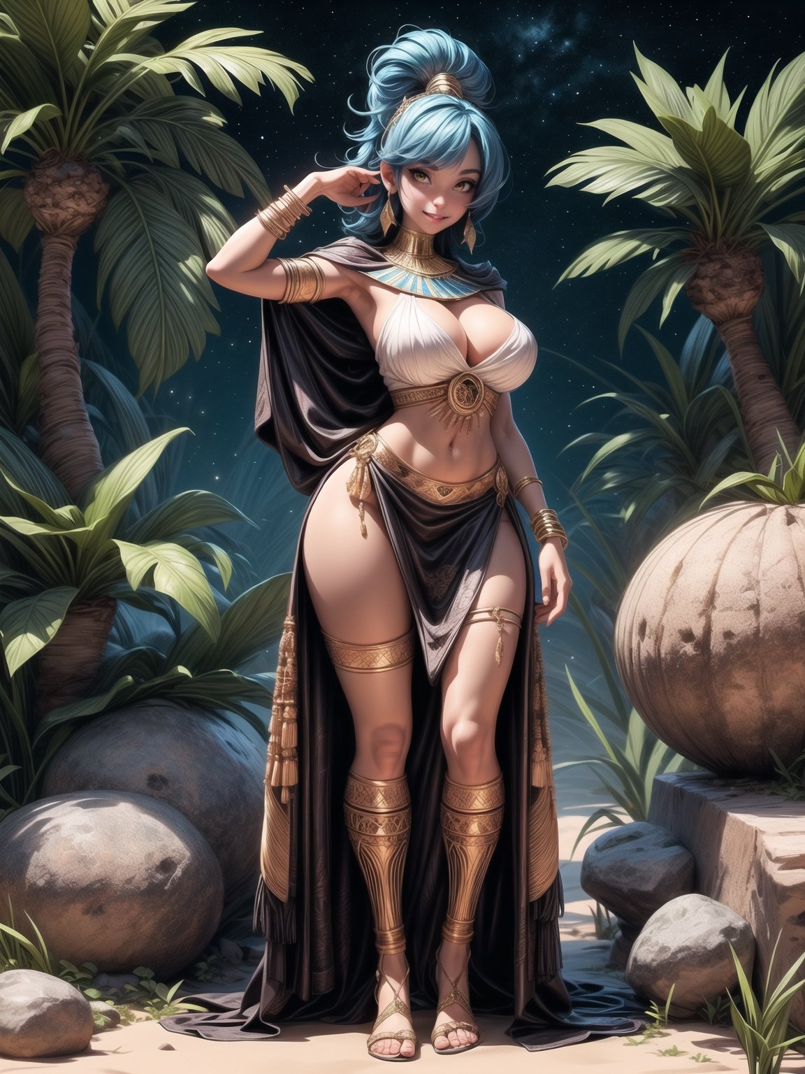A woman, wearing Egyptian costume, white T-shirt, very short black skirt, golden jewelry, gigantic breasts, wearing appliqués in her hair, blue hair, short hair, hair with bangs in front of her eyes, hair slick, (looking at the viewer), (((sensual pose+Interacting+leaning on anything+object+leaning against))), in an oasis in the Sahara desert at night with many stones, coconut trees, bush, stone structures with Egyptian writing, 16K, UHD, unreal engine 5, ((full body)), quality max, max resolution, ultra-realistic, ultra-detailed, maximum sharpness, (perfect_hands:1.2), ((perfect_legs)), Goodhands-beta2, ((ancient Egypt, gigantic breasts, short hair)))