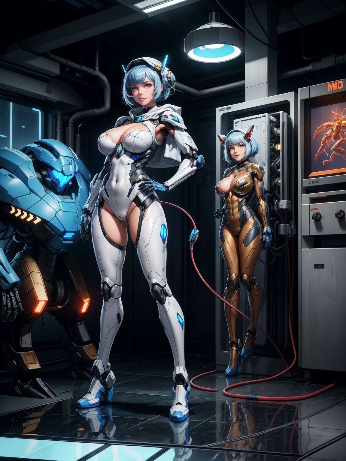 A woman, wearing mecha suit + cybernetic suit, white suit with blue parts, costume with lights attached, very bold costume, ((hood on the head)), ((gigantic breasts)), blue hair, messy hair, short hair, straight hair, hair with bangs in front of the eyes, looking at the viewer, (((pose with interaction and leaning on [something|an object]))), in a laboratory with several computers, machines, robots, luminous pipes, windows, elevators, ((full body):1.5), 16k, UHD, best possible quality, ultra detailed, best possible resolution, Unreal Engine 5, professional photography, well-detailed fingers, well-detailed hand, perfect_hands, ((mecha + super_metroid))