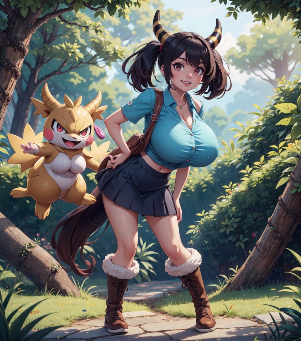 Masterpiece in HD resolution, inspired by Pokémon style and Ken Sugimori's Fakemon design. | On a rainy night in a dense forest, we find Ayane, a 22-year-old Pokémon trainer, with huge breasts, wearing a short white crop top and a pleated skirt, both clothes clinging tightly to her body. She complements the look with brown leather boots, the snug outfit enhancing her curves. Ayane has piercing ((red_eyes)), fixed on the viewer, a ((devilish_smile)) on her luscious ((blue_lips)). Her short blue hair is adorned with a large fringe that partially covers her right eye and two pigtails, all in perfect harmony with Ken Sugimori's distinctive style. | Beside her, in contrast to the darkness of the night, is her faithful ground-type Pokémon. Its brown fur is interspersed with shades of green, while large horns adorn its head, highlighting its imposing nature. Both are positioned amidst rocky and wooden structures, fallen tree trunks, mysterious altars, and ancient pillars, all illuminated by the dim light of the heavily falling rain. | The scene conveys a sense of mystery and power, where Ayane and her Pokémon prepare to face unknown challenges on this stormy night in the forest. | {The camera is positioned very close to her, revealing her entire body as she adopts an exciting pose, and then interacts by leaning on a structure in the scene in an exciting way}, | She is adopting a (((exciting_pose as interacts, boldly leaning on a structure, leaning back in an exciting way))), ((exciting_pose):1.3), ((perfect_pose)), ((perfect_pose):1.5), (((full body image))), ((well_defined_face, ultra_detailed_face, well_defined_eyes, ultra_detailed_eyes)), ((perfect_finger, perfect_hand)), better_hands, huge breasts, ((More Detail))