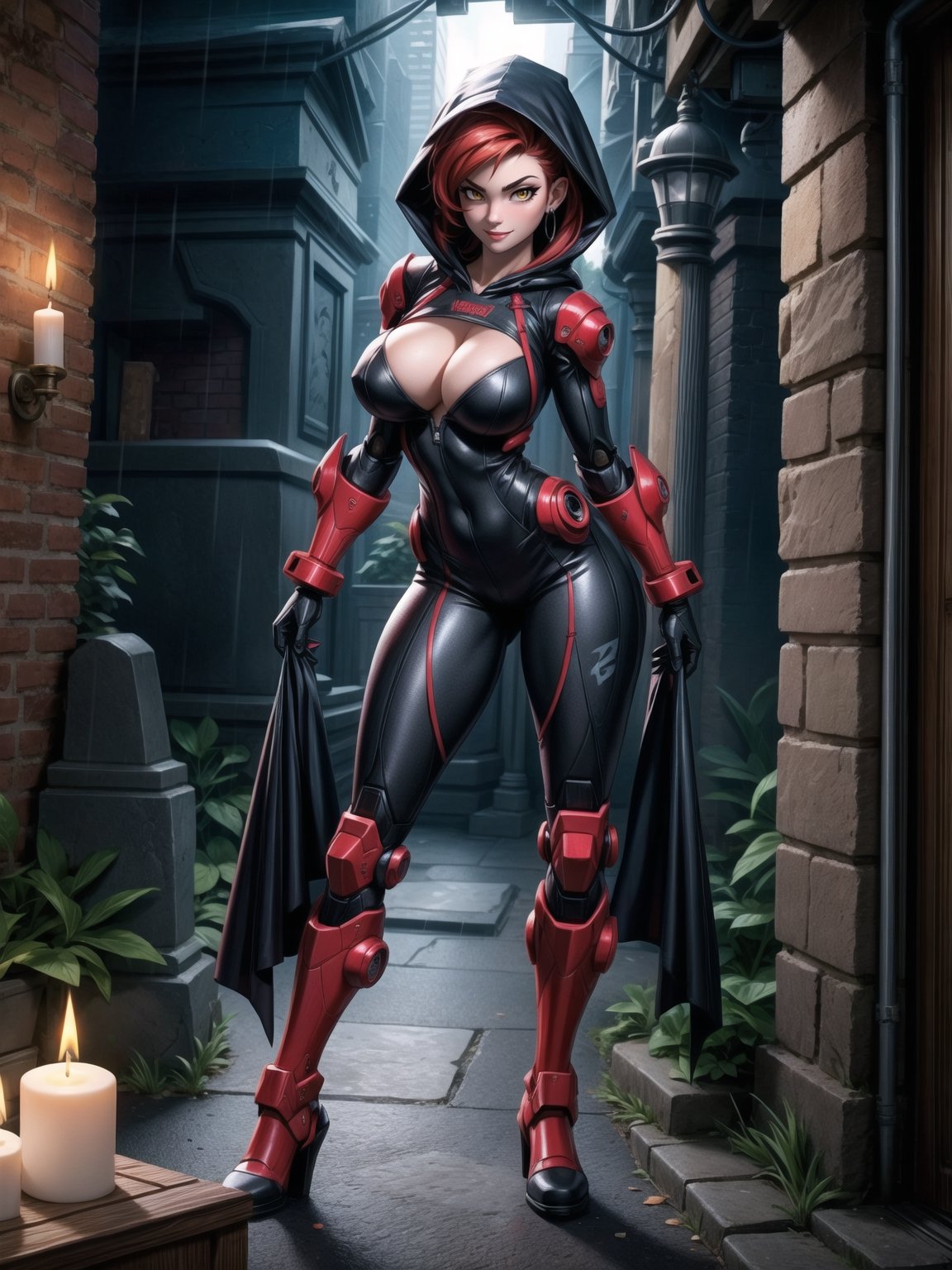 A vampire woman, wearing a black mecha suit with red parts+suit with circular lights+robotic armor, gigantic breasts, wearing a hood, red hair, hair with bangs in front of the eyes, straight hair, (looking at the viewer), (((sensual pose+Interacting+leaning on anything+object+leaning against))), in a futuristic cemetery at night raining, with many structures, tombstones, altars, coffins, candles illuminating the place, 16K, UHD, ((full body)), unreal engine 5, quality max, max resolution, ultra-realistic, ultra-detailed, maximum sharpness, (perfect_hands:1), ((perfect_legs)), Goodhands-beta2, ((cyberpunk, gigantic breasts, A vampire woman, wearing a hood, extremely pale skin))