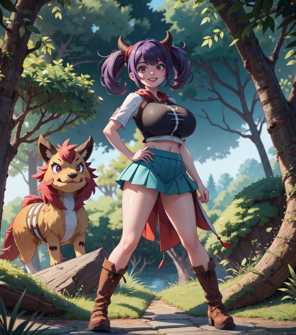 Masterpiece in HD resolution, inspired by Pokémon style and Ken Sugimori's Fakemon design. | On a rainy night in a dense forest, we find Ayane, a 22-year-old Pokémon trainer, with huge breasts, wearing a short white crop top and a pleated skirt, both clothes clinging tightly to her body. She complements the look with brown leather boots, the snug outfit enhancing her curves. Ayane has piercing ((red_eyes)), fixed on the viewer, a ((devilish_smile)) on her luscious ((blue_lips)). Her short blue hair is adorned with a large fringe that partially covers her right eye and two pigtails, all in perfect harmony with Ken Sugimori's distinctive style. | Beside her, in contrast to the darkness of the night, is her faithful ground-type Pokémon. Its brown fur is interspersed with shades of green, while large horns adorn its head, highlighting its imposing nature. Both are positioned amidst rocky and wooden structures, fallen tree trunks, mysterious altars, and ancient pillars, all illuminated by the dim light of the heavily falling rain. | The scene conveys a sense of mystery and power, where Ayane and her Pokémon prepare to face unknown challenges on this stormy night in the forest. | {The camera is positioned very close to her, revealing her entire body as she adopts an exciting pose, and then interacts by leaning on a structure in the scene in an exciting way}, | She is adopting a (((exciting_pose as interacts, boldly leaning on a structure, leaning back in an exciting way))), ((exciting_pose):1.3), ((perfect_pose)), ((perfect_pose):1.5), (((full body image))), ((well_defined_face, ultra_detailed_face, well_defined_eyes, ultra_detailed_eyes)), ((perfect_finger, perfect_hand)), better_hands, huge breasts, ((More Detail))