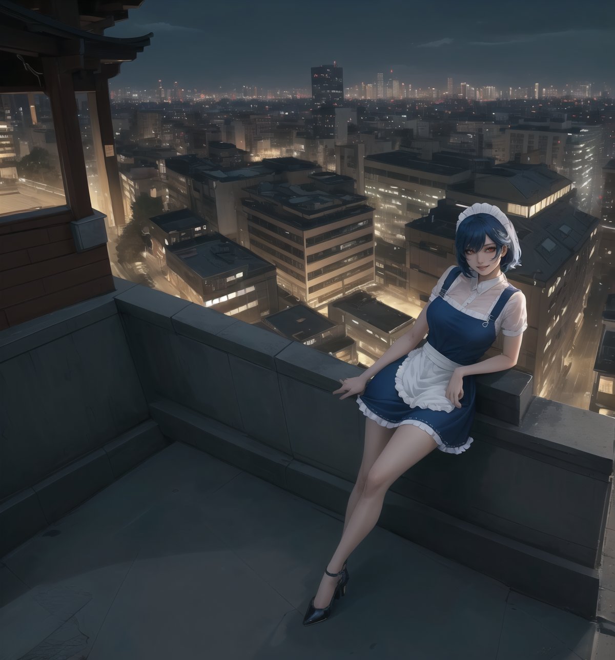 A masterpiece of urban art with a realistic style and graphic details. | Miyuki, a 23-year-old woman, is dressed in a maid's outfit, consisting of a blue dress with a white apron, white stockings, and black low-heeled shoes. She also wears a white headscarf, which gives her an air of innocence and purity. Her blue hair is long and straight, with a modern and stylish cut. Her red eyes are looking at the viewer, smiling and showing her white teeth. She is on a building balcony, overlooking the bustling city below. | The image highlights Miyuki's imposing figure and the architectural elements of the balcony and the building. The concrete and glass structures, along with Miyuki, create an urban and seductive atmosphere. The artificial lighting of the city illuminates the scene, creating dramatic shadows and emphasizing the details of the scene. | Soft and dark lighting effects create a relaxing and mysterious atmosphere, while rough and detailed textures on the structures and outfit add realism to the image. | A relaxing and attractive scene of a beautiful woman on a building balcony, combining elements of urban art and modern architecture. | (((((The image reveals a full-body shot as she assumes a sensual pose, engagingly leaning against a structure within the scene in an exciting manner. She takes on a sensual pose as she interacts, boldly leaning on a structure, leaning back in an exciting way.))))). | ((full-body shot)), ((perfect pose)), ((perfect fingers, better hands, perfect hands)), ((perfect legs, perfect feet)), ((perfect design)), ((perfect composition)), ((very detailed scene, very detailed background, perfect layout, correct imperfections)), More Detail, Enhance, 