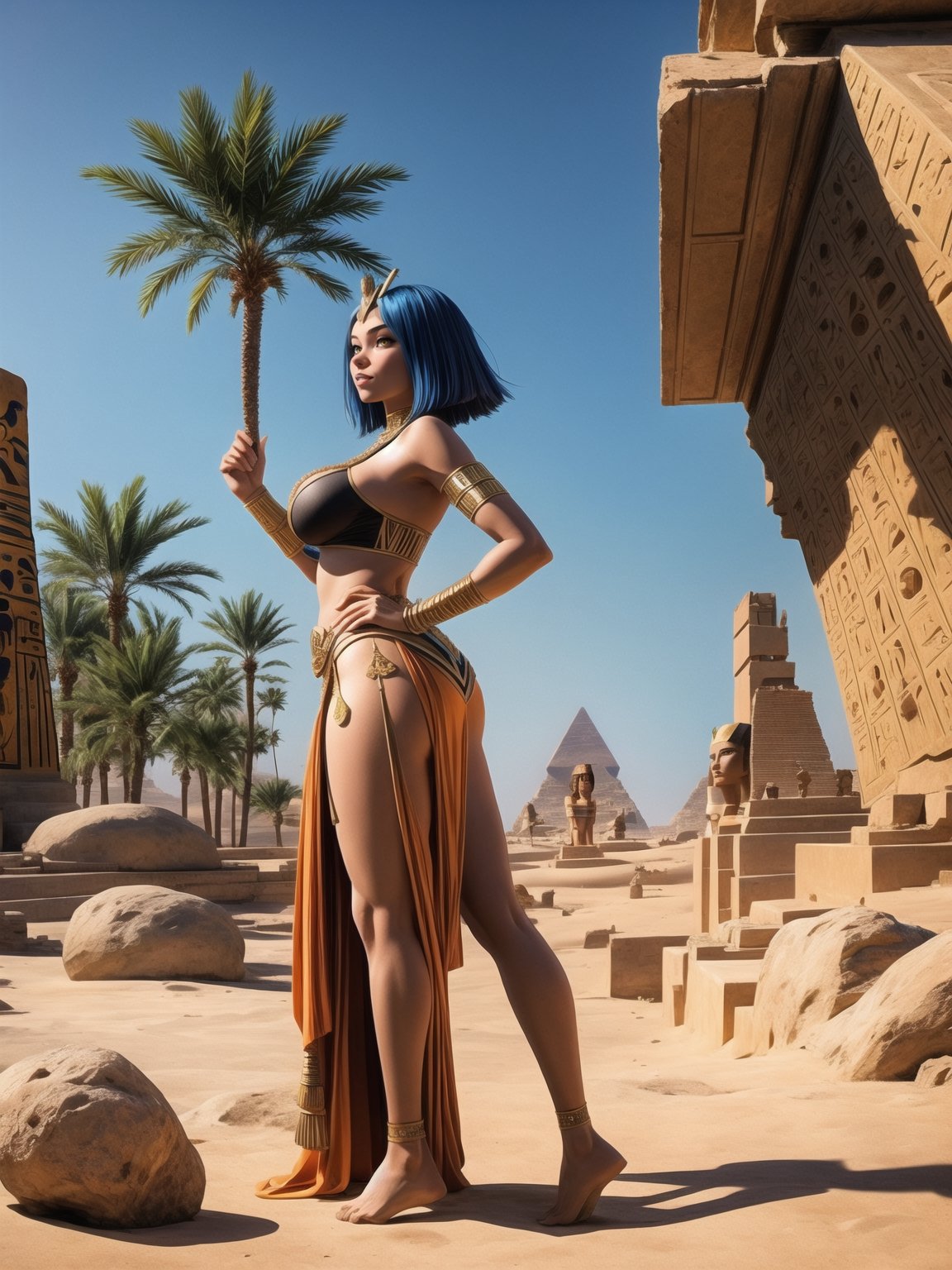 A woman, wearing Egyptian costume, white T-shirt, very short black skirt, golden jewelry, gigantic breasts, wearing appliqués in her hair, blue hair, short hair, hair with bangs in front of her eyes, hair slick, (looking at the viewer), (((sensual pose+Interacting+leaning on anything+object+leaning against))), in an oasis in the Sahara desert at night with many stones, coconut trees, bush, stone structures with Egyptian writing, 16K, UHD, unreal engine 5, ((full body)), quality max, max resolution, ultra-realistic, ultra-detailed, maximum sharpness, (perfect_hands:1.2), ((perfect_legs)), Goodhands-beta2, ((ancient Egypt, gigantic breasts, short hair)))