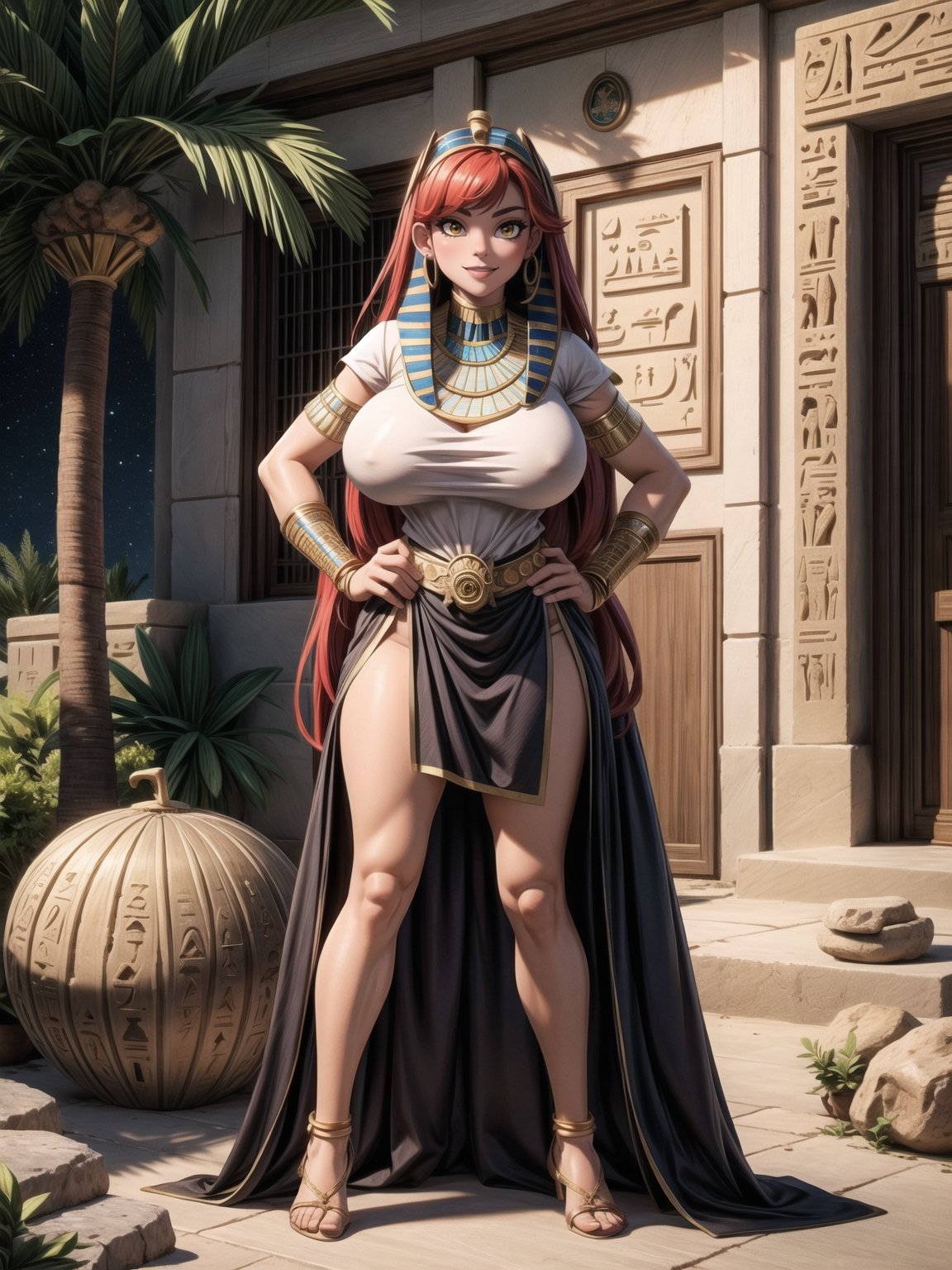 A woman, wearing Egyptian costume, white T-shirt, very short black skirt, golden jewelry, gigantic breasts, wearing appliqués in her hair, red hair, hair with bangs in front of her eyes, hair slick, (looking at the viewer), (((sensual pose+Interacting+leaning on anything+object+leaning against))), in an oasis in the Sahara desert at night with many stones, coconut trees,  bush, stone structures with Egyptian writing, 16K, UHD, ((full body)), unreal engine 5, quality max, max resolution, ultra-realistic, ultra-detailed, maximum sharpness, (perfect_hands:1.2), ((perfect_legs)), Goodhands-beta2, (((ancient Egypt, gigantic breasts))