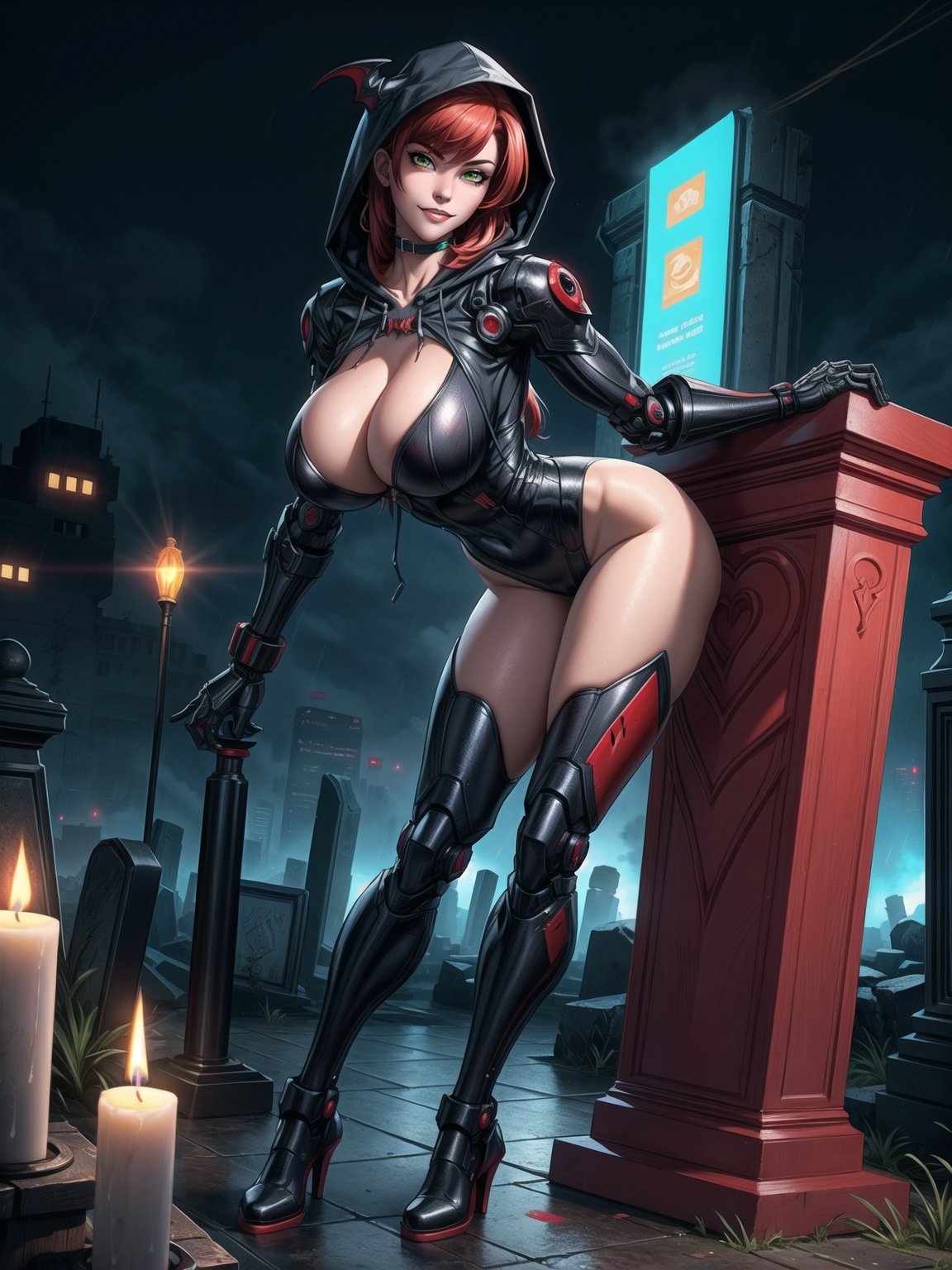 A vampire woman, wearing a black mecha suit with red parts + suit with circular lights + robotic armor, gigantic breasts, wearing a hood, red hair, hair with bangs in front of the eyes, straight hair, (looking at the viewer), (((sensual pose + Interacting + leaning on anything + object + leaning against))), in a futuristic cemetery at night raining, with many structures, tombstones, altars, coffins, candles illuminating the place, 16K, UHD, ((full body)), unreal engine 5, quality max, max resolution, ultra-realistic, ultra-detailed, maximum sharpness, (perfect_hands:1.2), ((perfect_legs)), Goodhands-beta2, ((cyberpunk, gigantic breasts, A vampire woman, wearing a hood))