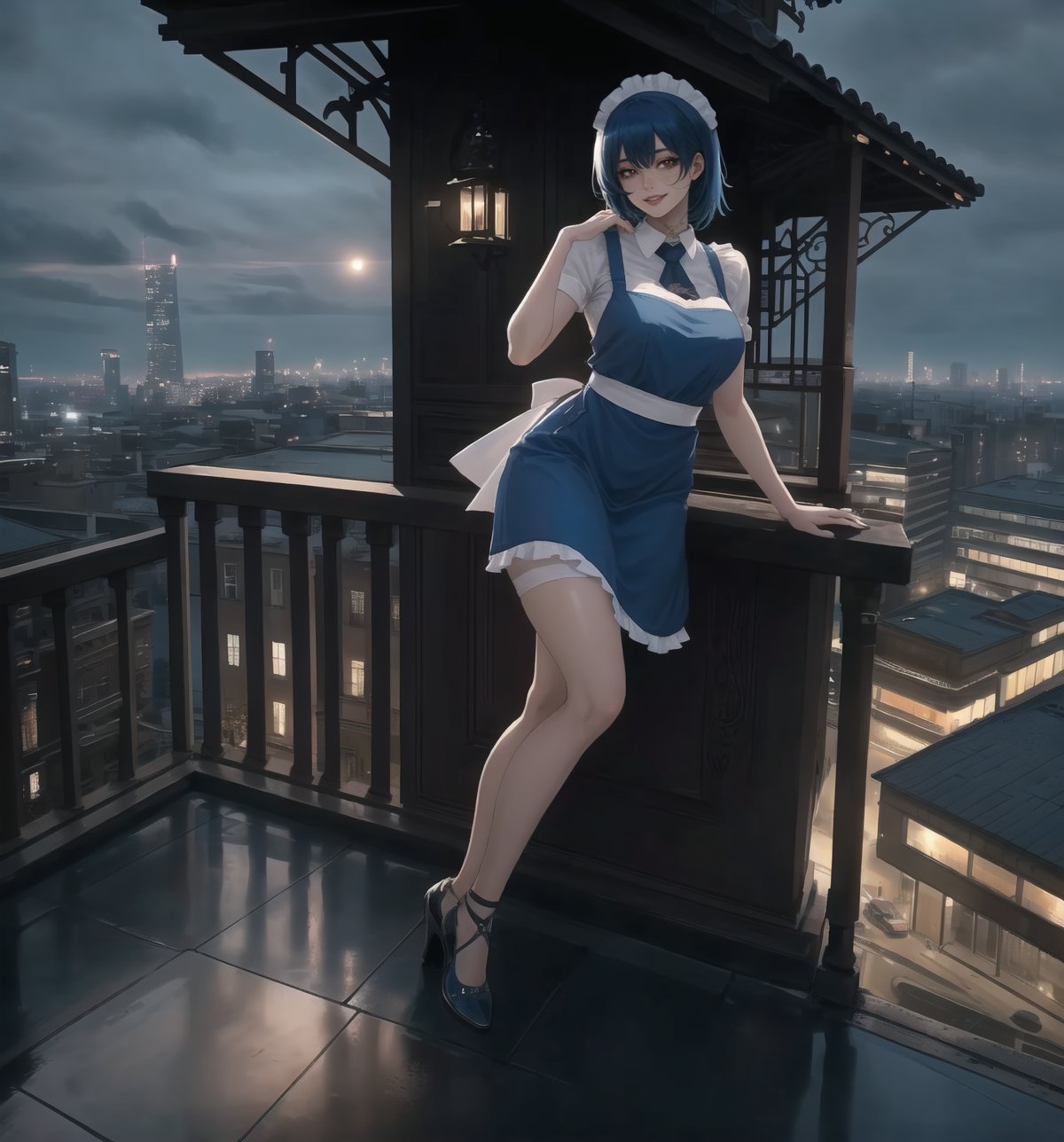 A masterpiece of urban art with a realistic style and graphic details. | Miyuki, a 23-year-old woman, is dressed in a maid's outfit, consisting of a blue dress with a white apron, white stockings, and black low-heeled shoes. She also wears a white headscarf, which gives her an air of innocence and purity. Her blue hair is long and straight, with a modern and stylish cut. Her red eyes are looking at the viewer, smiling and showing her white teeth. She is on a building balcony, overlooking the bustling city below. | The image highlights Miyuki's imposing figure and the architectural elements of the balcony and the building. The concrete and glass structures, along with Miyuki, create an urban and seductive atmosphere. The artificial lighting of the city illuminates the scene, creating dramatic shadows and emphasizing the details of the scene. | Soft and dark lighting effects create a relaxing and mysterious atmosphere, while rough and detailed textures on the structures and outfit add realism to the image. | A relaxing and attractive scene of a beautiful woman on a building balcony, combining elements of urban art and modern architecture. | (((((The image reveals a full-body shot as she assumes a sensual pose, engagingly leaning against a structure within the scene in an exciting manner. She takes on a sensual pose as she interacts, boldly leaning on a structure, leaning back in an exciting way.))))). | ((full-body shot)), ((perfect pose)), ((perfect fingers, better hands, perfect hands)), ((perfect legs, perfect feet)), ((perfect design)), ((perfect composition)), ((very detailed scene, very detailed background, perfect layout, correct imperfections)), More Detail, Enhance, 