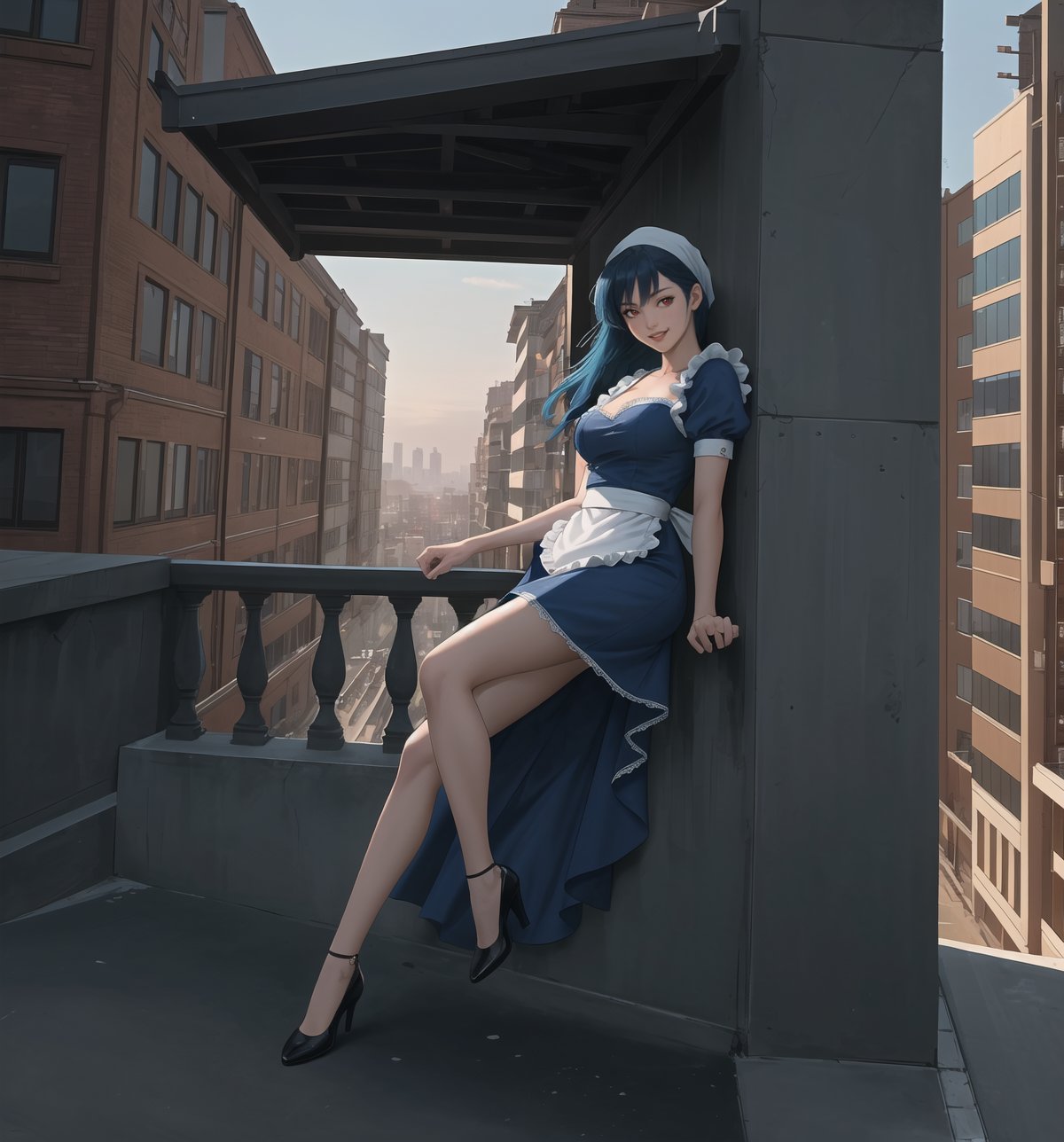 A masterpiece of urban art with a realistic style and graphic details. | Miyuki, a 23-year-old woman, is dressed in a maid's outfit, consisting of a blue dress with a white apron, white stockings, and black low-heeled shoes. She also wears a white headscarf, which gives her an air of innocence and purity. Her blue hair is long and straight, with a modern and stylish cut. Her red eyes are looking at the viewer, smiling and showing her white teeth. She is on a building balcony, overlooking the bustling city below. | The image highlights Miyuki's imposing figure and the architectural elements of the balcony and the building. The concrete and glass structures, along with Miyuki, create an urban and seductive atmosphere. The artificial lighting of the city illuminates the scene, creating dramatic shadows and emphasizing the details of the scene. | Soft and dark lighting effects create a relaxing and mysterious atmosphere, while rough and detailed textures on the structures and outfit add realism to the image. | A relaxing and attractive scene of a beautiful woman on a building balcony, combining elements of urban art and modern architecture. | (((((The image reveals a full-body shot as she assumes a sensual pose, engagingly leaning against a structure within the scene in an exciting manner. She takes on a sensual pose as she interacts, boldly leaning on a structure, leaning back in an exciting way.))))). | ((full-body shot)), ((perfect pose)), ((perfect fingers, better hands, perfect hands)), ((perfect legs, perfect feet)), ((perfect design)), ((perfect composition)), ((very detailed scene, very detailed background, perfect layout, correct imperfections)), More Detail, Enhance, 