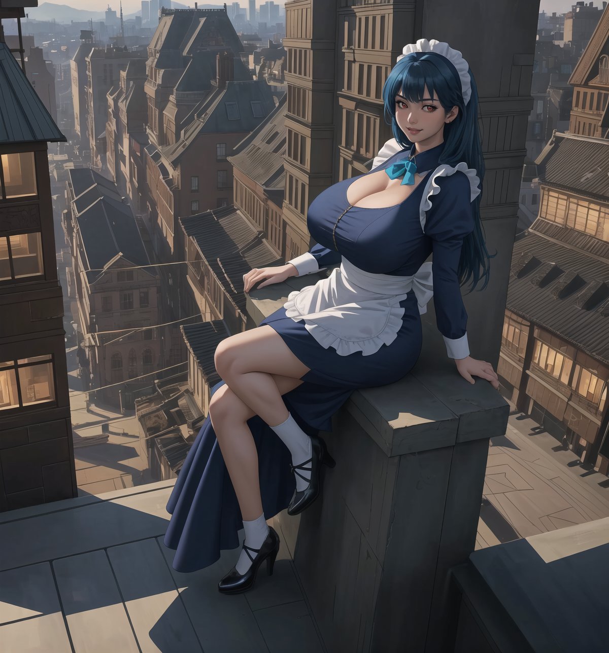 A masterpiece of urban art with a realistic style and graphic details. | Miyuki, a 23-year-old woman, is dressed in a maid's outfit, consisting of a blue dress with a white apron, white stockings, and black low-heeled shoes. She also wears a white headscarf, which gives her an air of innocence and purity. Her blue hair is long and straight, with a modern and stylish cut. Her red eyes are looking at the viewer, smiling and showing her white teeth. She is on a building balcony, overlooking the bustling city below. | The image highlights Miyuki's imposing figure and the architectural elements of the balcony and the building. The concrete and glass structures, along with Miyuki, create an urban and seductive atmosphere. The artificial lighting of the city illuminates the scene, creating dramatic shadows and emphasizing the details of the scene. | Soft and dark lighting effects create a relaxing and mysterious atmosphere, while rough and detailed textures on the structures and outfit add realism to the image. | A relaxing and attractive scene of a beautiful woman on a building balcony, combining elements of urban art and modern architecture. | (((((The image reveals a full-body shot as she assumes a sensual pose, engagingly leaning against a structure within the scene in an exciting manner. She takes on a sensual pose as she interacts, boldly leaning on a structure, leaning back in an exciting way.))))). | ((full-body shot)), ((perfect pose)), ((perfect fingers, better hands, perfect hands)), ((perfect legs, perfect feet)), ((huge breasts, big natural breasts, sagging breasts)), ((perfect design)), ((perfect composition)), ((very detailed scene, very detailed background, perfect layout, correct imperfections)), More Detail, Enhance, 