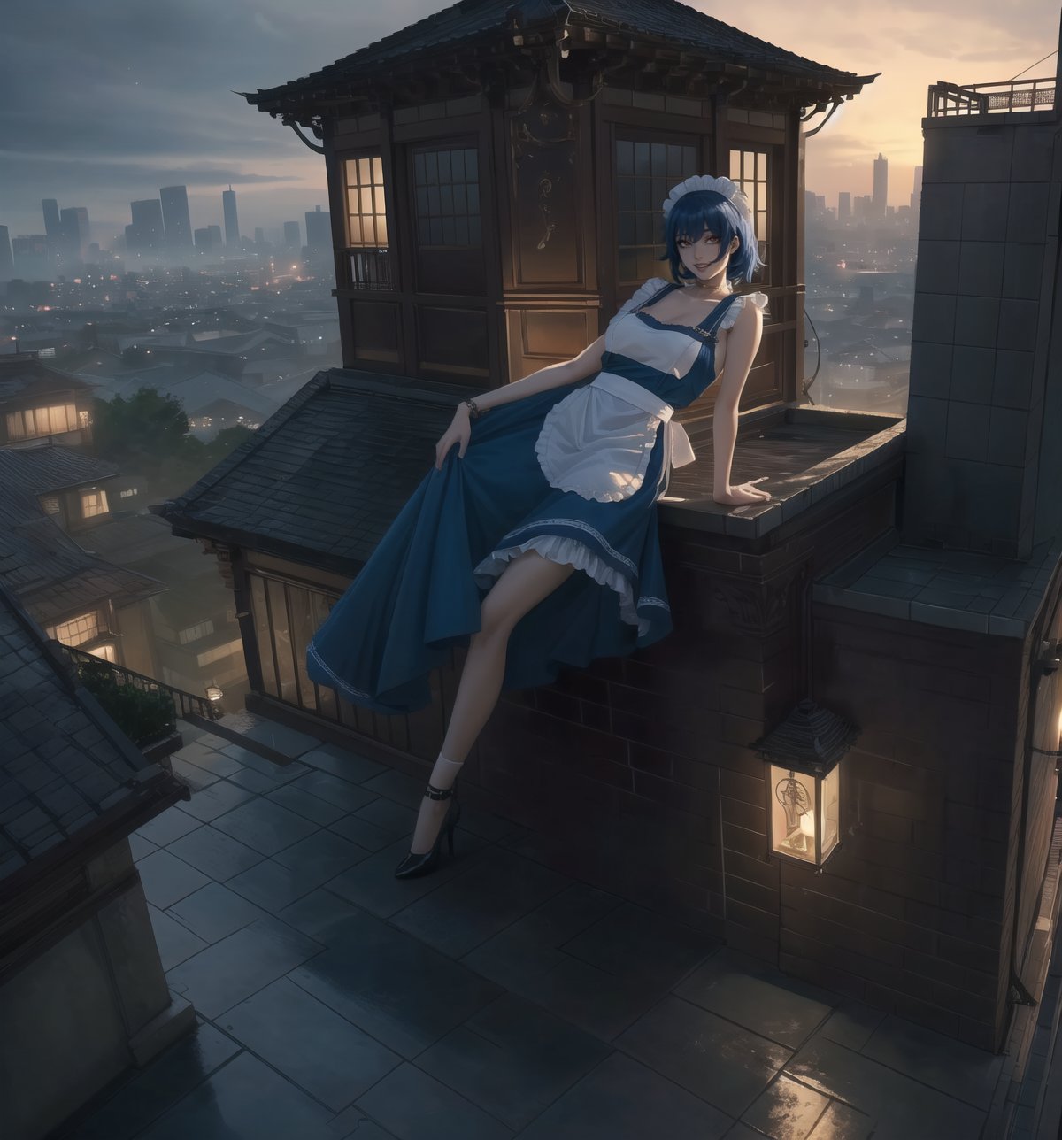 A masterpiece of urban art with a realistic style and graphic details. | Miyuki, a 23-year-old woman, is dressed in a maid's outfit, consisting of a blue dress with a white apron, white stockings, and black low-heeled shoes. She also wears a white headscarf, which gives her an air of innocence and purity. Her blue hair is long and straight, with a modern and stylish cut. Her red eyes are looking at the viewer, smiling and showing her white teeth. She is on a building balcony, overlooking the bustling city below. | The image highlights Miyuki's imposing figure and the architectural elements of the balcony and the building. The concrete and glass structures, along with Miyuki, create an urban and seductive atmosphere. The artificial lighting of the city illuminates the scene, creating dramatic shadows and emphasizing the details of the scene. | Soft and dark lighting effects create a relaxing and mysterious atmosphere, while rough and detailed textures on the structures and outfit add realism to the image. | A relaxing and attractive scene of a beautiful woman on a building balcony, combining elements of urban art and modern architecture. | (((((The image reveals a full-body shot as she assumes a sensual pose, engagingly leaning against a structure within the scene in an exciting manner. She takes on a sensual pose as she interacts, boldly leaning on a structure, leaning back in an exciting way.))))). | ((full-body shot)), ((perfect pose)), ((perfect fingers, better hands, perfect hands)), ((perfect legs, perfect feet)), ((perfect design)), ((perfect composition)), ((very detailed scene, very detailed background, perfect layout, correct imperfections)), More Detail, Enhance, 