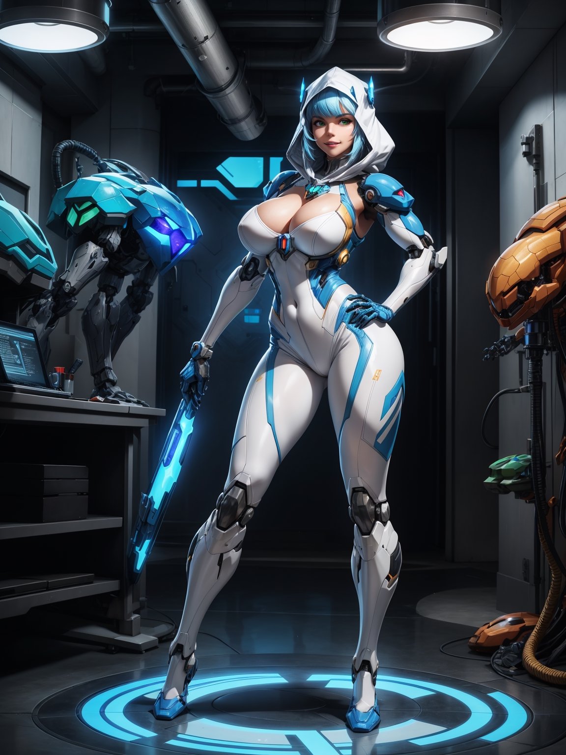 A woman, wearing mecha suit + cybernetic suit, white suit with blue parts, costume with lights attached, very bold costume, ((hood on the head)), ((gigantic breasts)), blue hair, messy hair, short hair, straight hair, hair with bangs in front of the eyes, looking at the viewer, (((pose with interaction and leaning on [something|an object]))), in a laboratory with several computers, machines, robots, luminous pipes, windows, elevators, ((full body):1.5), 16k, UHD, best possible quality, ultra detailed, best possible resolution, Unreal Engine 5, professional photography, well-detailed fingers, well-detailed hand, perfect_hands, ((mecha + super_metroid))