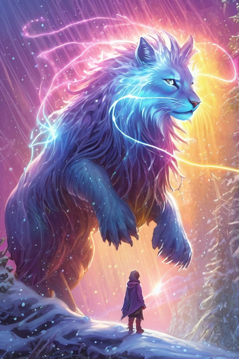 magical creature, electric arc, snowfall, colorful rays, high level of detail, best quality, masterpiece, magical fantasy Style,