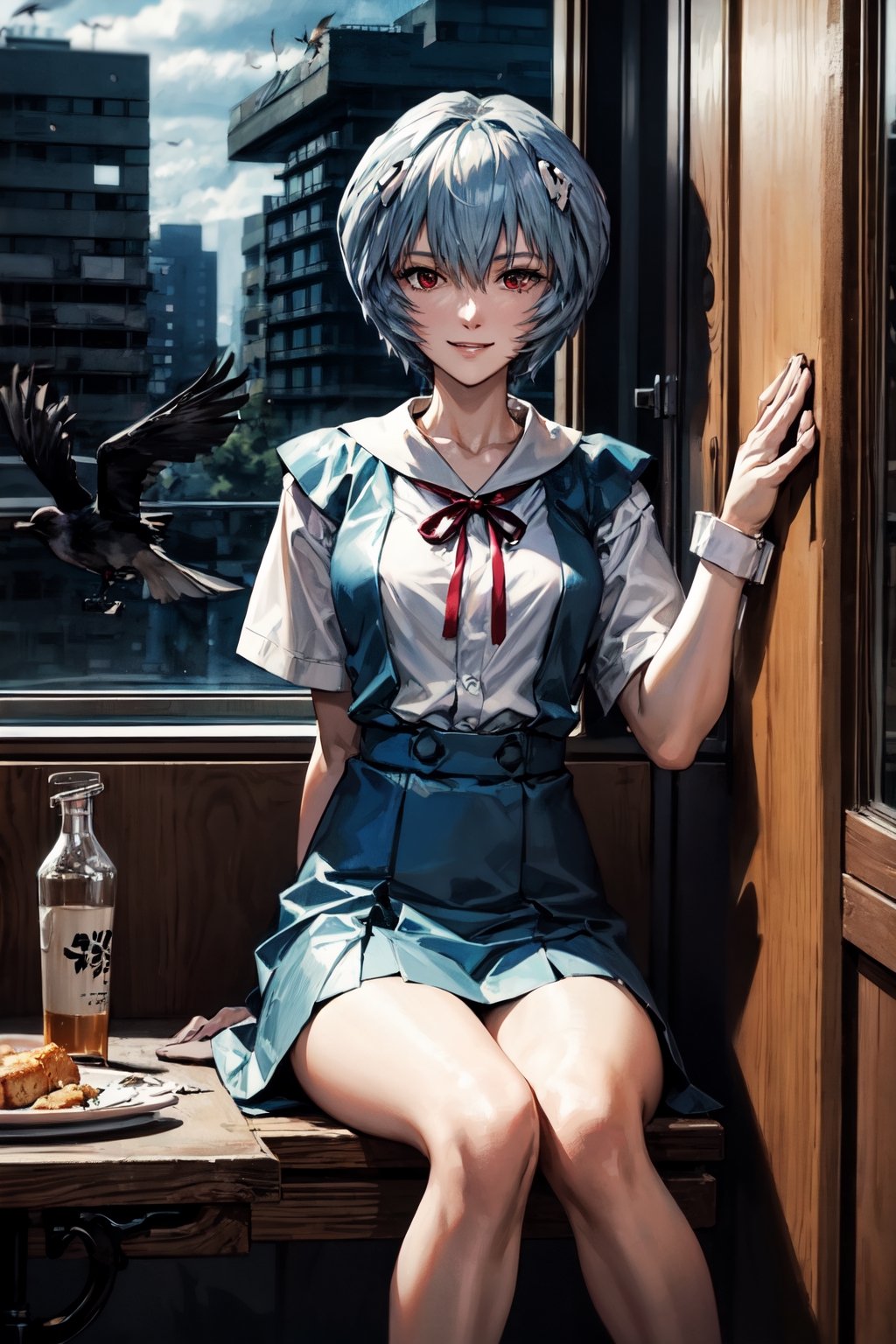 Rei ayanami, facial portrait, sexy stare, smirked, sitting on a chair, inside crummy apartment, looking outside, cloudy sky, birds flying, 