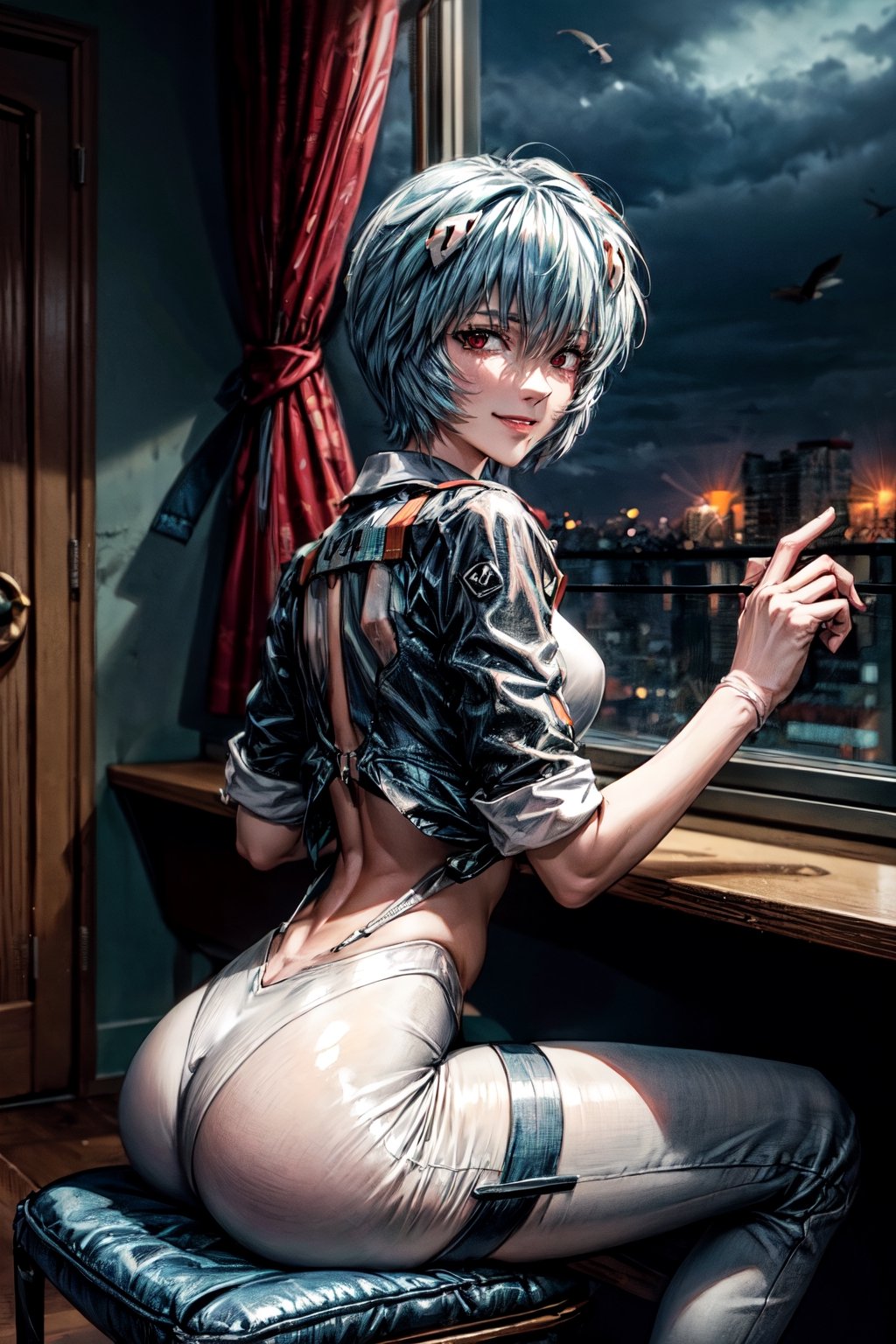 Rei ayanami, facial portrait, sexy stare, smirked, sitting on a chair, inside crummy apartment, looking outside, cloudy sky, birds flying, butt shot 
