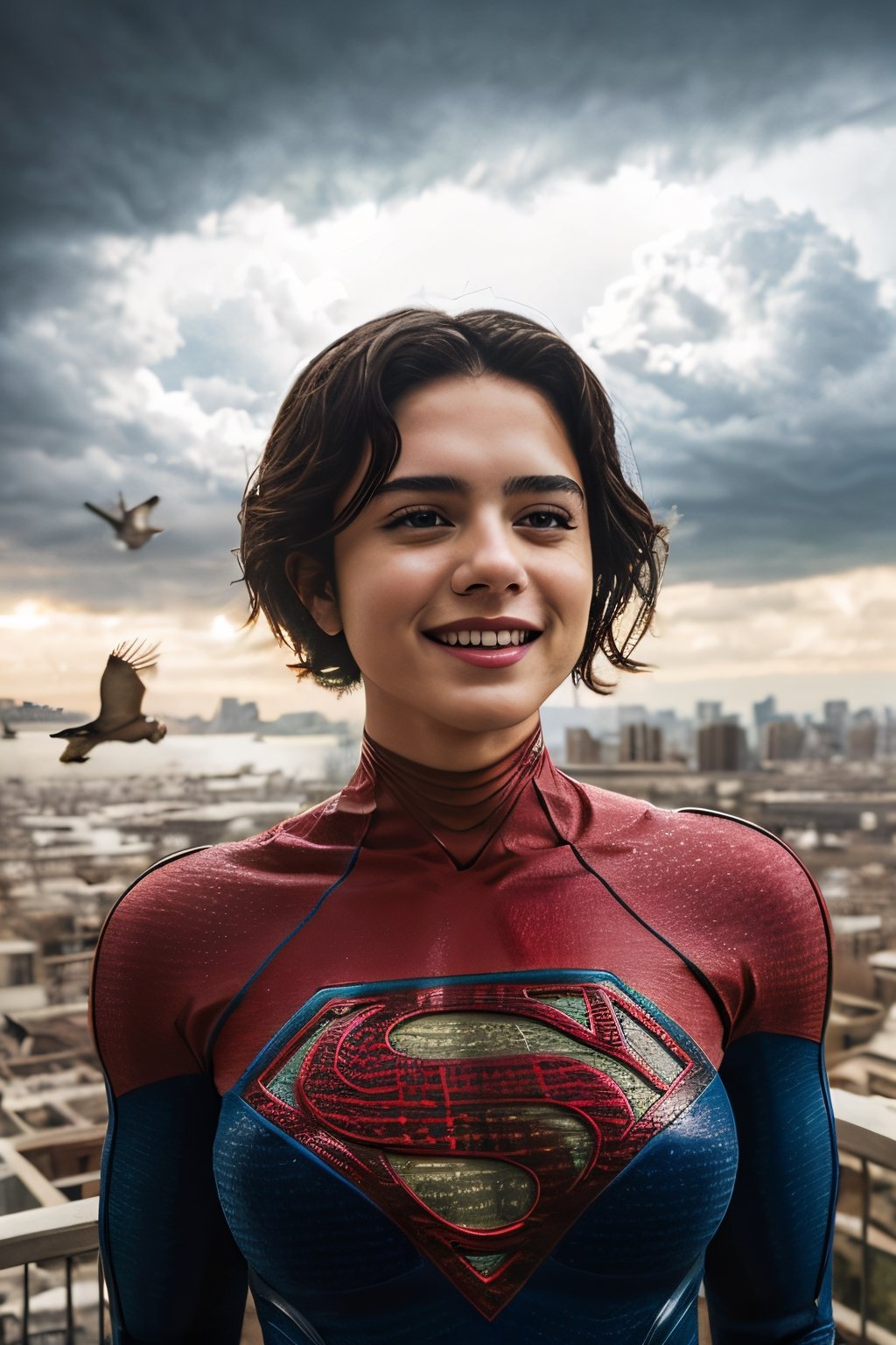 Photorealistic, sasha calle as Supergirl, facial portrait, sexy stare, smiling, flying through  the sky, city below, cloudy sky, lightning, birds flying around, ,sasha calle