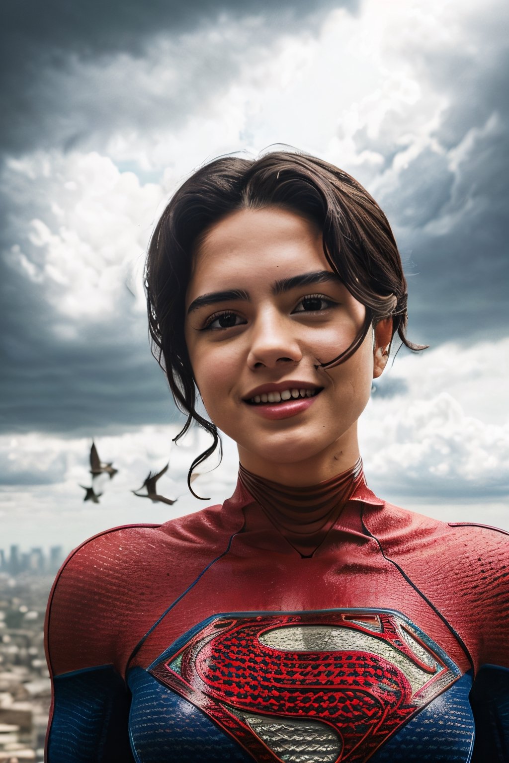 Photorealistic, sasha calle as Supergirl, facial portrait, sexy stare, smiling, flying through  the sky, city below, cloudy sky, lightning, birds flying around, ,sasha calle