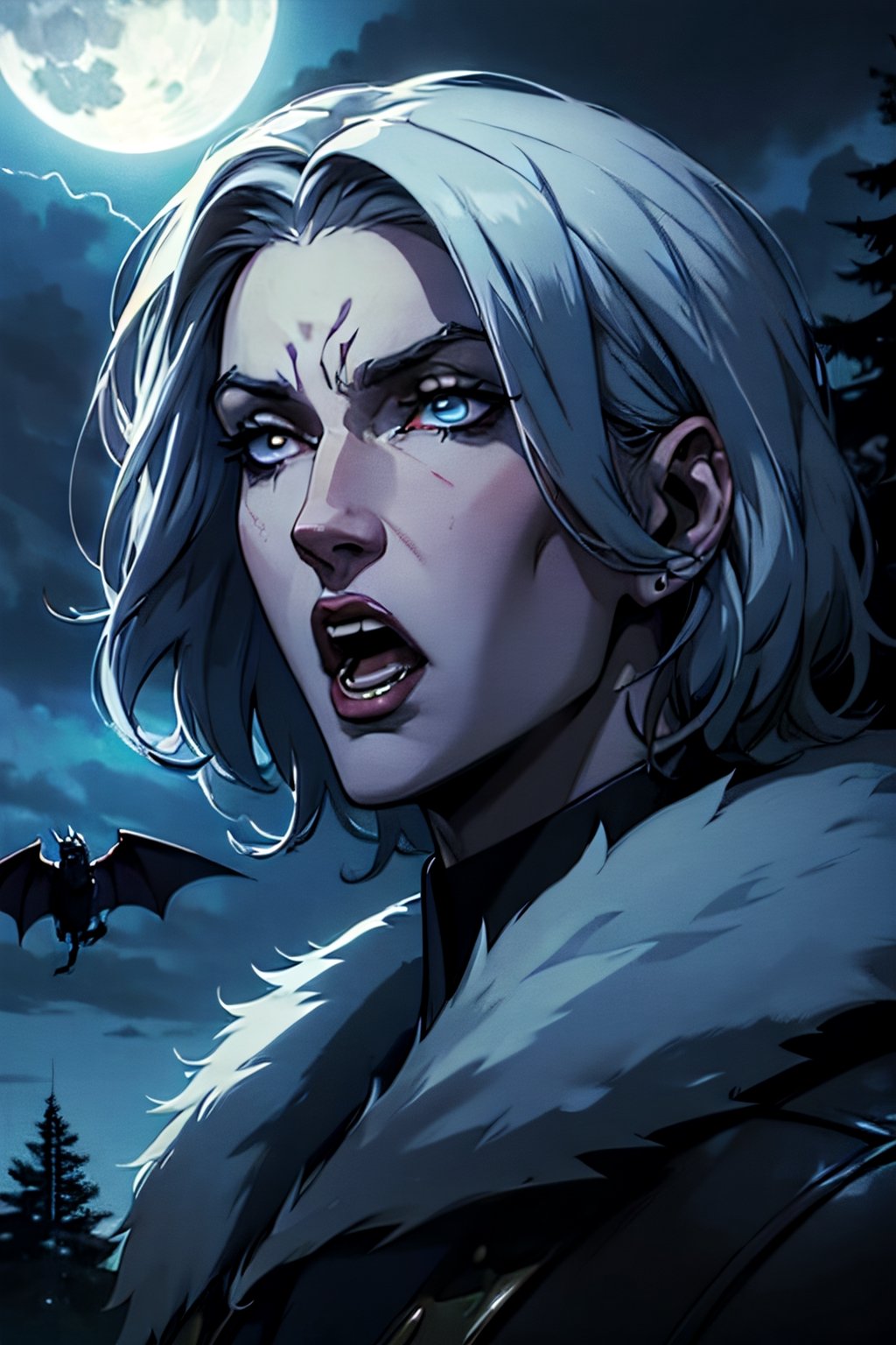 castlevania style, werewolf, facial portrait, sexy stare, screaming, forest, cloudy sky, lightning, full moon, bats flying, castle on the horizon, 