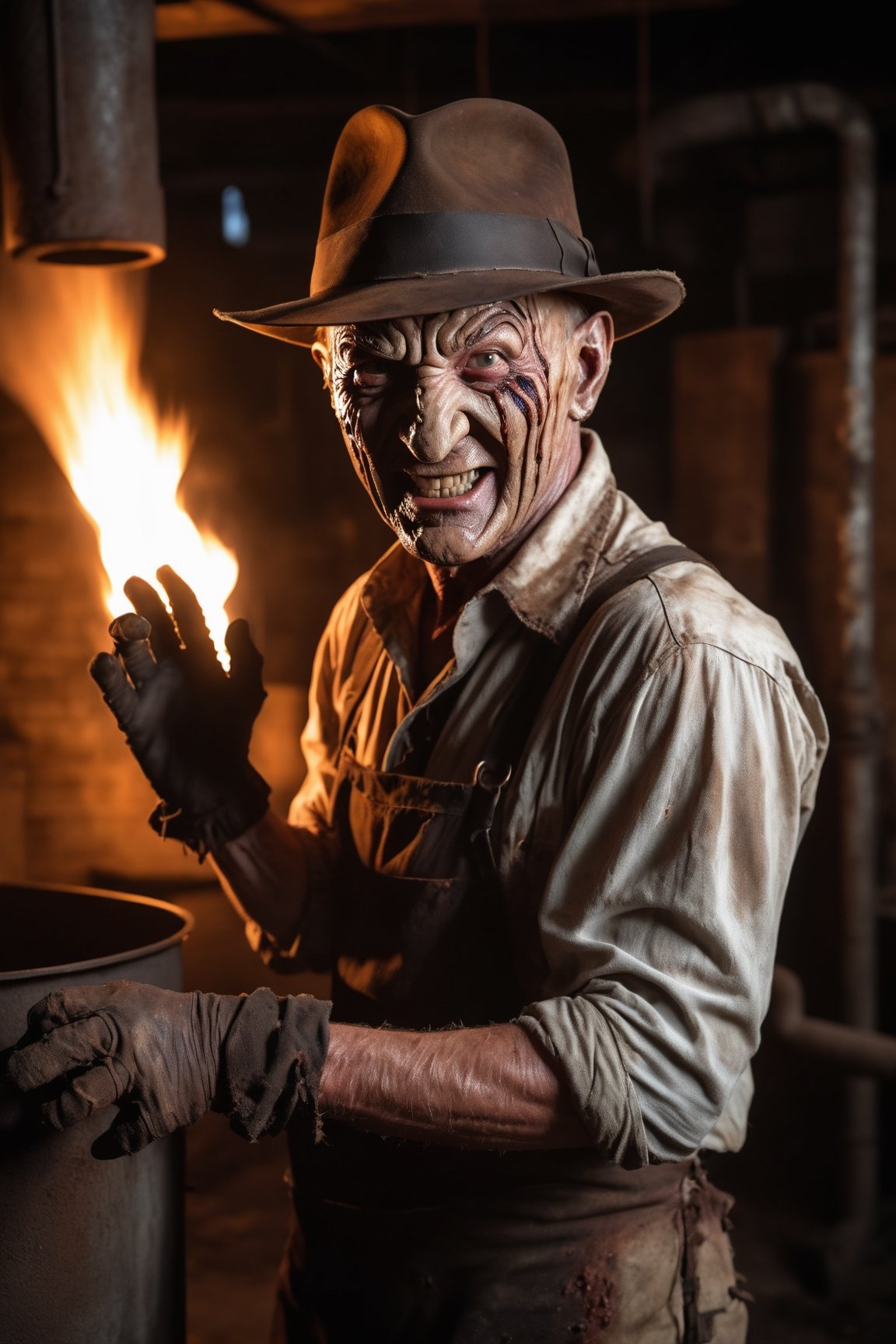 Freddy Krueger, fedora hat, facial portrait, evil smile, ragged shirt, wearing glove with long claws on right hand, inside old warehouse, dim light, big rusty iron oven, faucets leaking, fire, from behind 