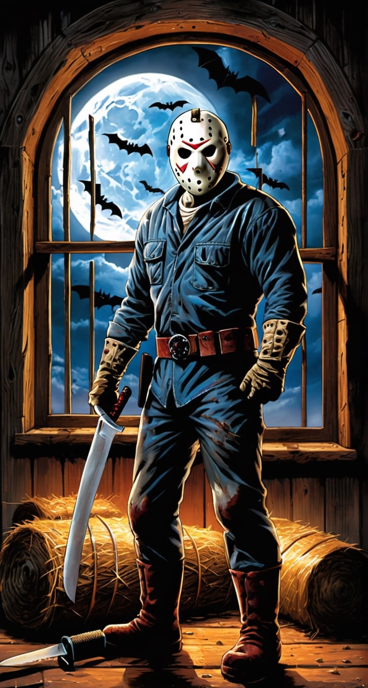 ultra Detailed Jason Voorhees,
(holding machete), inside barn, big window, showing full moon, bats, cloudy sky, lightning, packs of hay, 