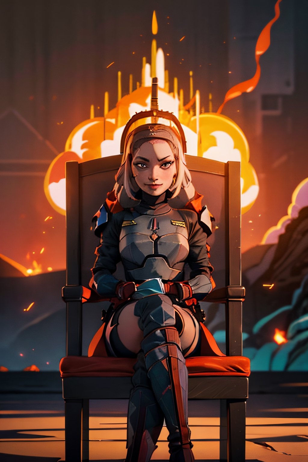 official art, unity 8k wallpaper, ultra detailed, beautiful and aesthetic, beautiful, masterpiece, best quality, masterpiece, absurdres, best quality, 1girl, solo, looking at viewer, facing viewer, facial portrait, sexy stare, smirked, eye focus, anal portrait, spread legs, sitting on hellish throne (red and black, large, torn, on fire, jewel patterns), large hellish lava fire cave background, bokatan, with helmet, 