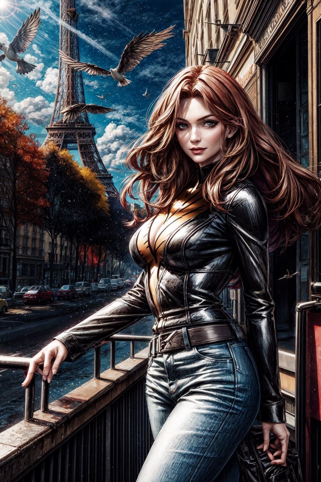 jean-grey,  facial portrait, sexy stare, smirked, walking through the streets of Paris, Eiffel tower behind, sunny day, clouds, birds flying, sitting at a Café, 