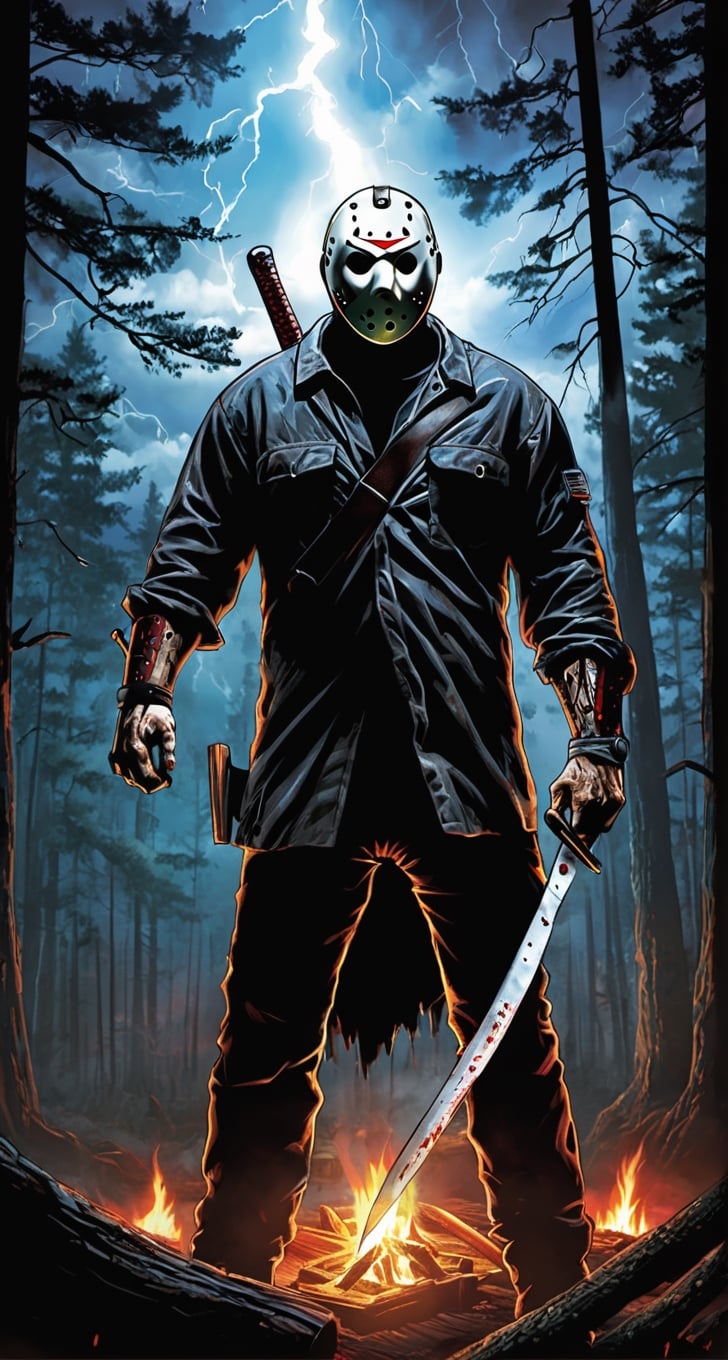 ultra Detailed Jason Voorhees,
(holding machete), inside woods, cloudy sky, lightning, cabin in the forest, lights inside cabin, 