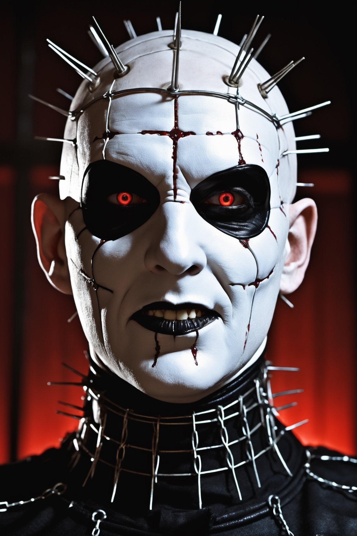 ultra Detailed pinhead, hellraiser, facial portrait, sexy stare, smirked, missionary costume, cenobite, inside bloody room, dim light, chains, barb wire, 