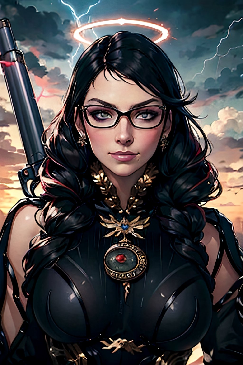 bayonetta_3_twintail_aiwaifu, facial portrait, sexy stare, smirked, big gun on hand, cloudy sky, lightning, halos flying, 