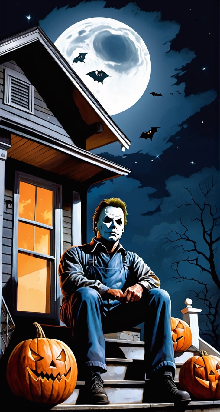 ultra Detailed Michael Myers, (holding a butchers knife) on one hand, sitting on a small porch, stairs, looking at small town, bellow,  cloudy sky, full moon, pumpkins though out the street, big sign in the sky that says "Happy Halloween" ,