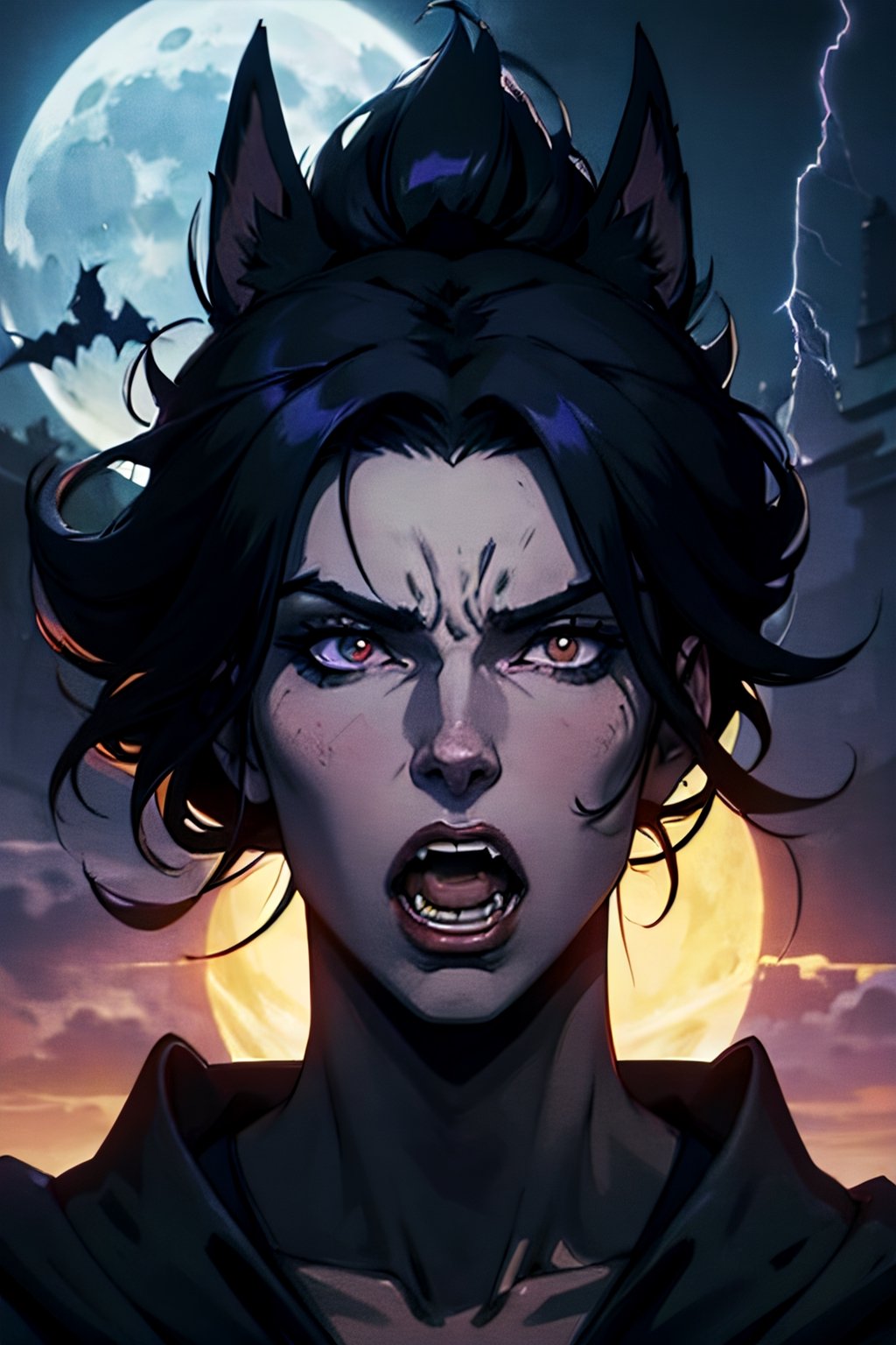 castlevania style, werewolf, facial portrait, sexy stare, screaming, forest, cloudy sky, lightning, full moon, bats flying, castle on the horizon, 