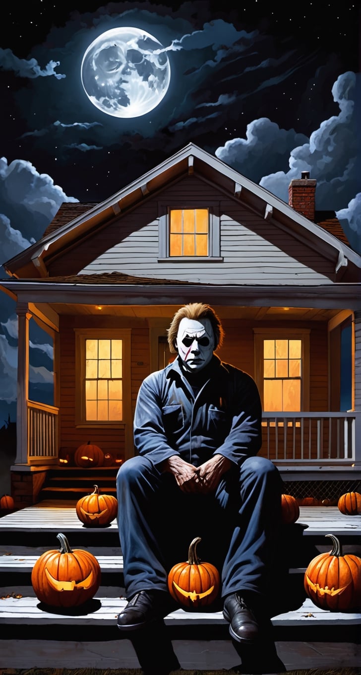 ultra Detailed Michael Myers, (holding a butchers knife) on one hand, sitting on a small porch, stairs, looking at small town, bellow,  cloudy sky, full moon, pumpkins though out the street, 