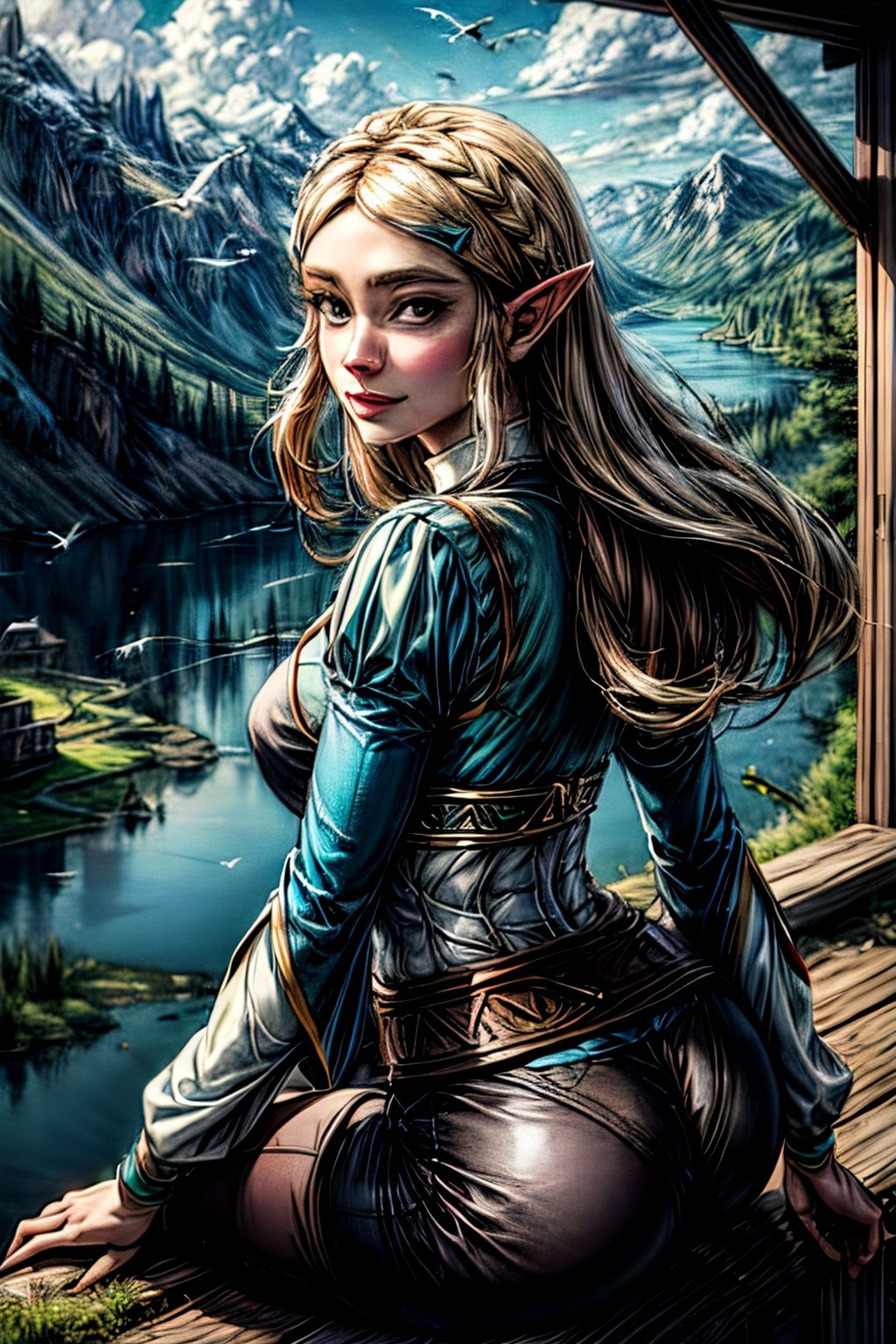 princess_zelda_aiwaifu, facial portrait, sexy stare, smirked, on top of hill, forest below, lake shore, cloudy sky, birds flying, butt shot 