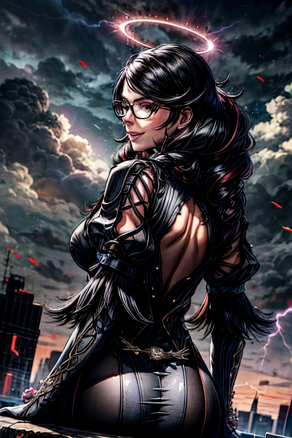 bayonetta_3_twintail_aiwaifu, facial portrait, sexy stare, big gun on hand, cloudy sky, lightning, halos flying, smiling, crouched,  from behind 