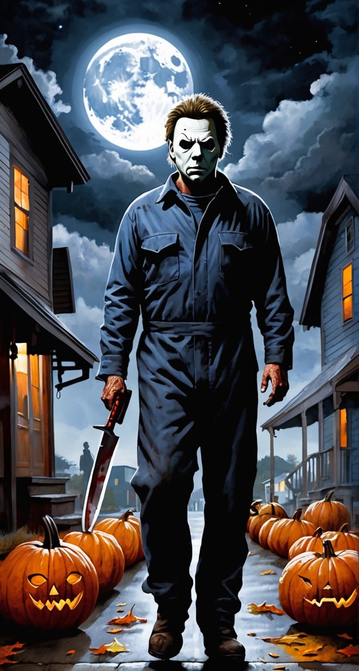 ultra Detailed Michael Myers, (holding butchers knife), walking the streets of a small town, cloudy sky, full moon, pumpkins though out the street, 